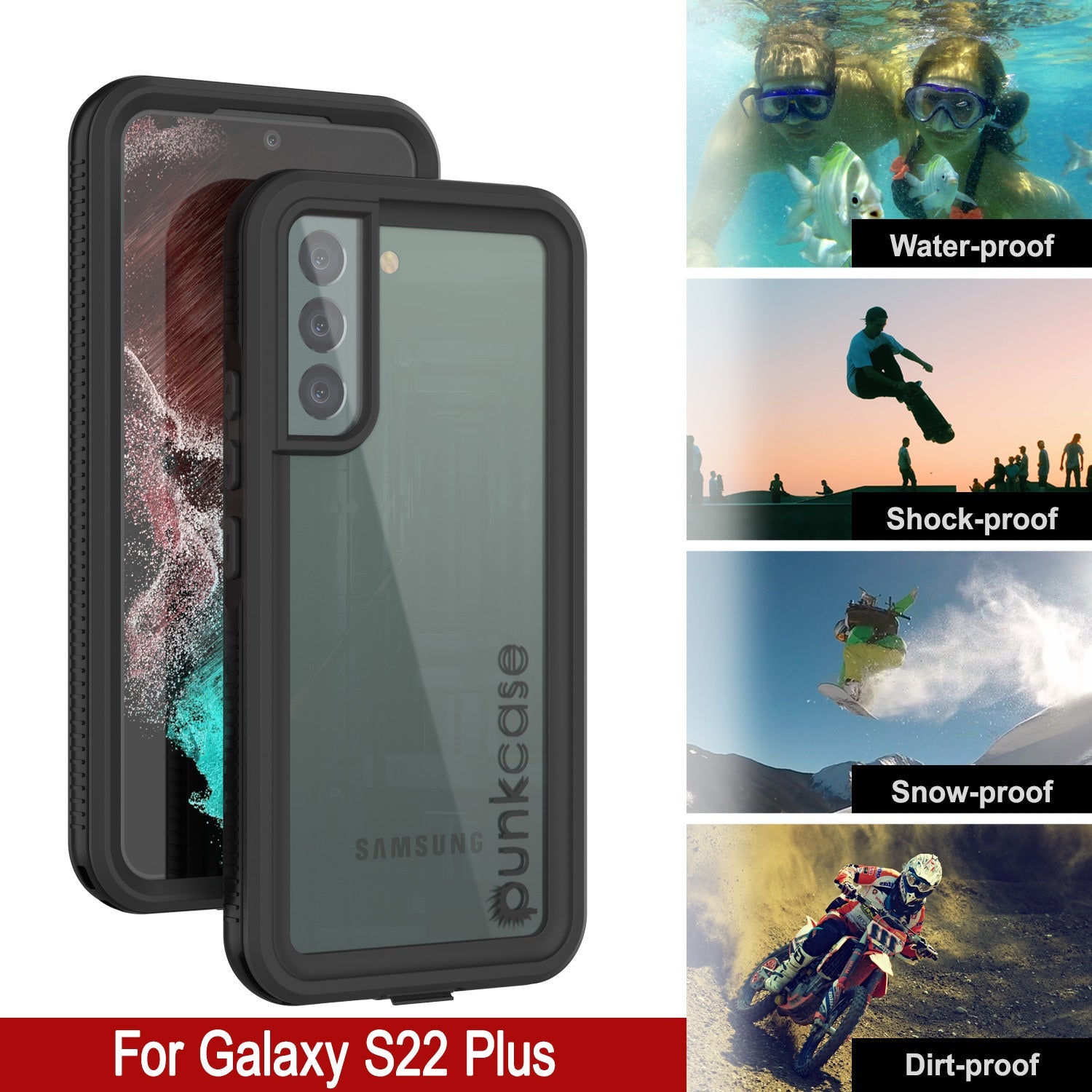 Capa à prova d'água Galaxy S22+ Plus PunkCase Ultimato Preto Fino 6,6 pés à prova d'água IP68 à prova de choque/neve [Preto]