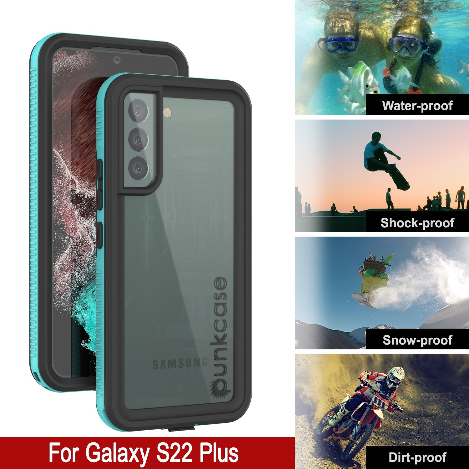 Capa à prova d'água Galaxy S22+ Plus PunkCase Ultimato Teal Fina 6.6 pés embaixo d'água IP68 à prova de choque/neve [Teal]