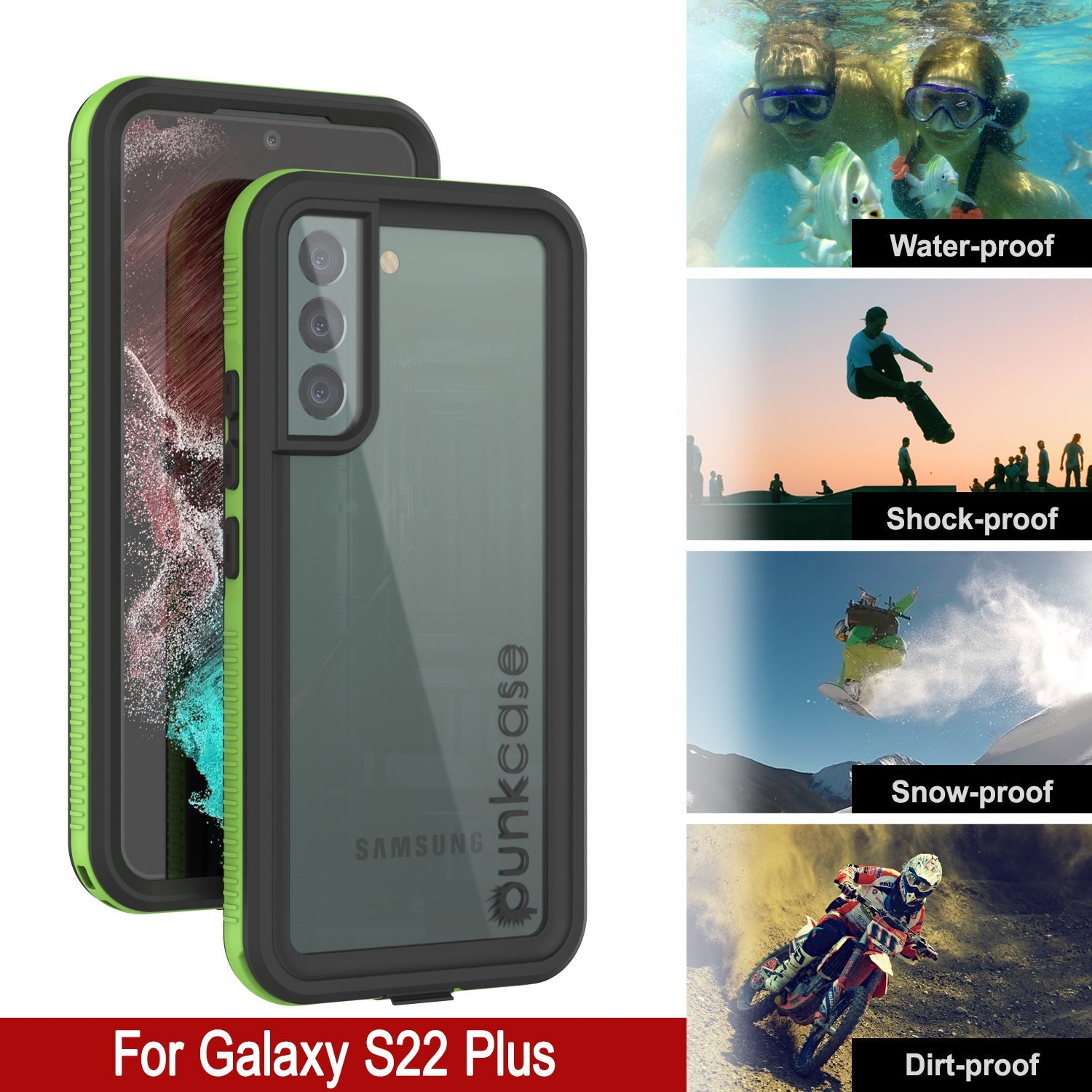 Capa à prova d'água Galaxy S22+ Plus PunkCase Ultimato Verde Claro Fina 6.6ft à prova de água IP68 à prova de choque [Verde]
