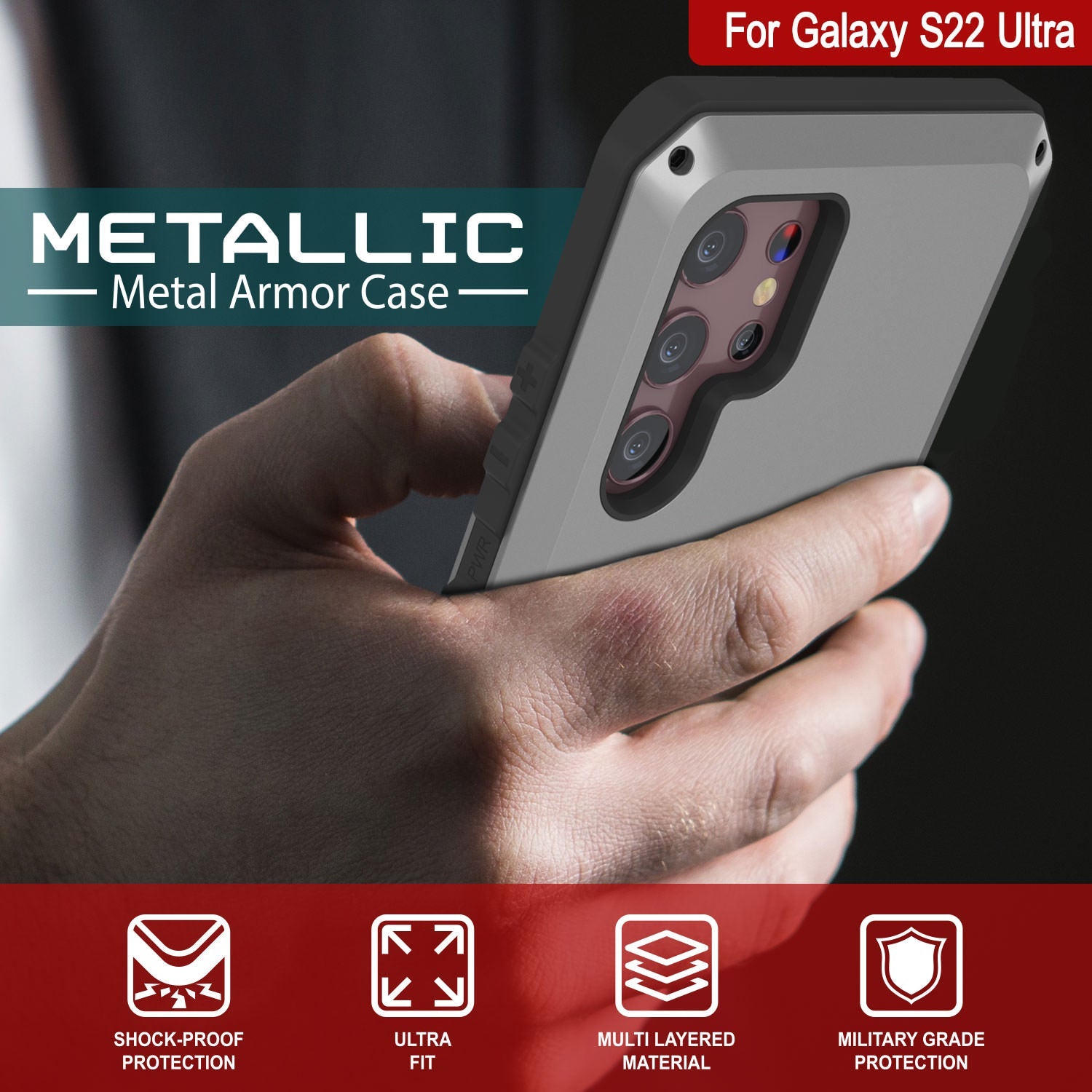 Capa de metal para Galaxy S22 Ultra, resistente e robusta de grau militar [Prata]