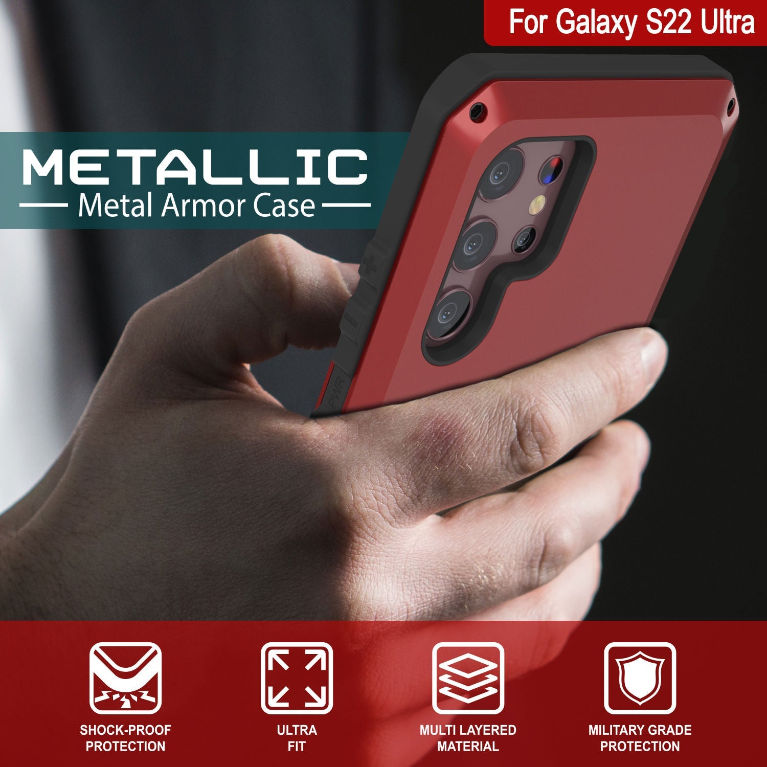 Capa de metal Galaxy S22 Ultra, capa protetora resistente de grau militar [vermelha]
