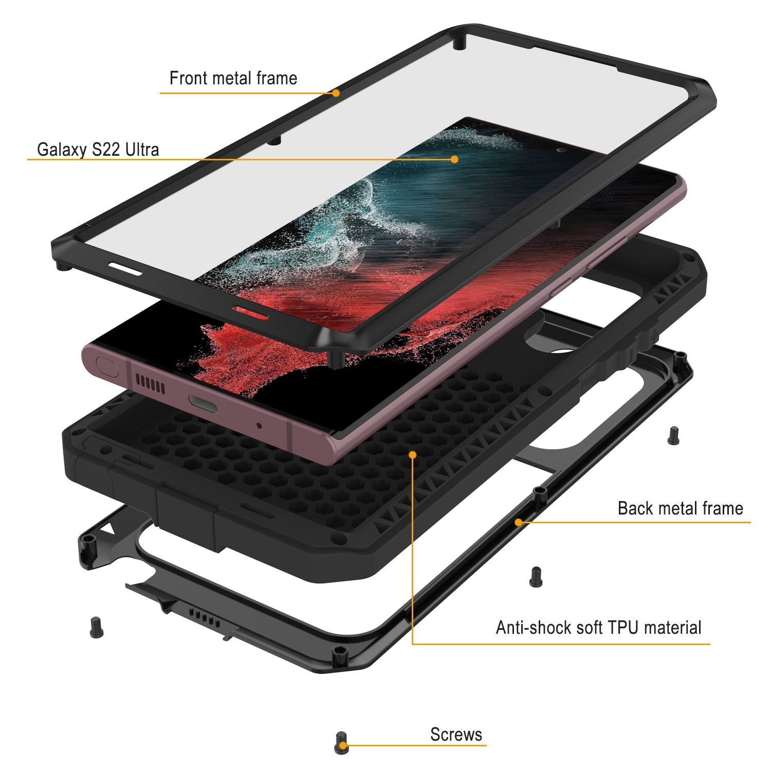 Capa de metal Galaxy S22 Ultra, capa resistente de armadura militar de alta resistência [Preto]
