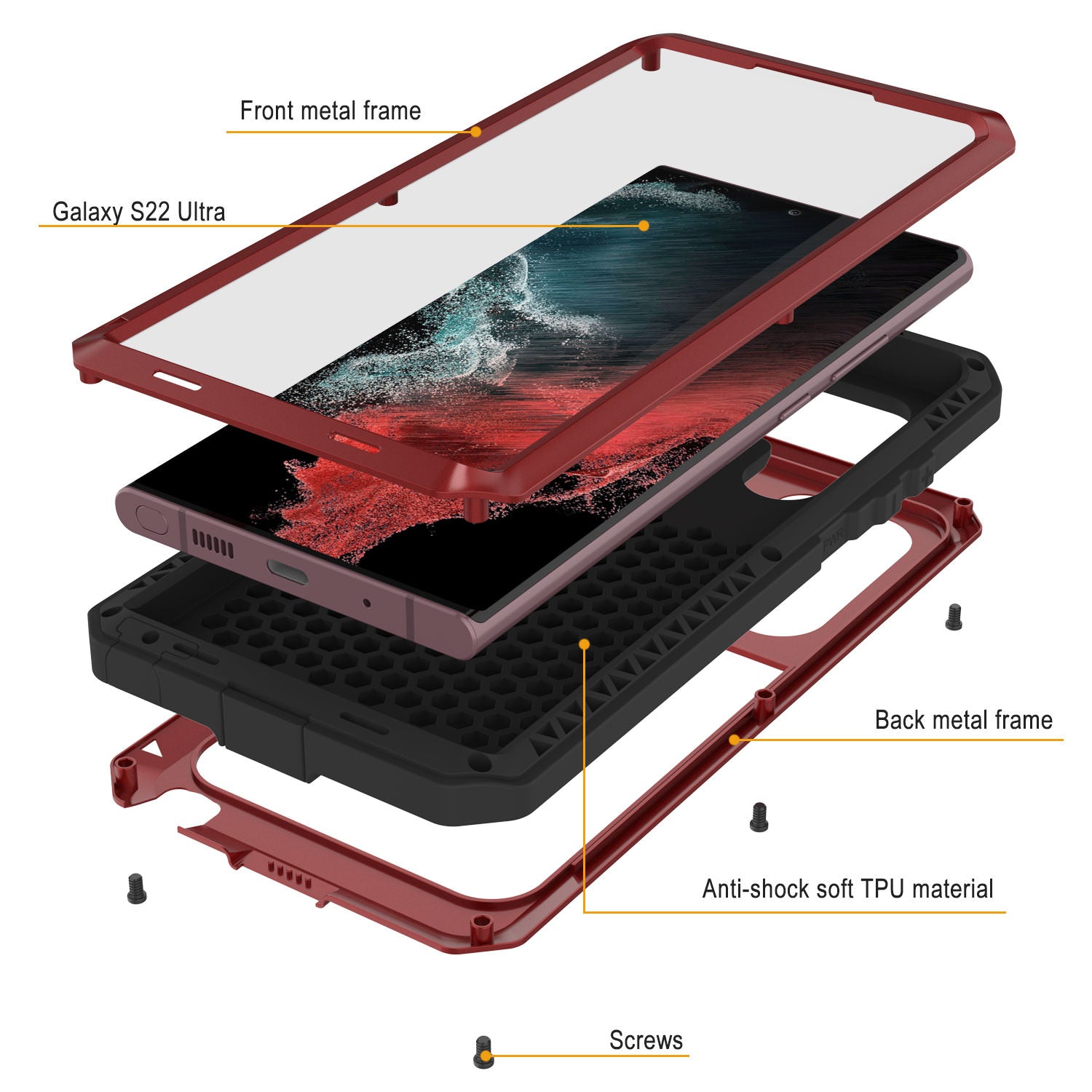 Capa de metal Galaxy S22 Ultra, capa protetora resistente de grau militar [vermelha]