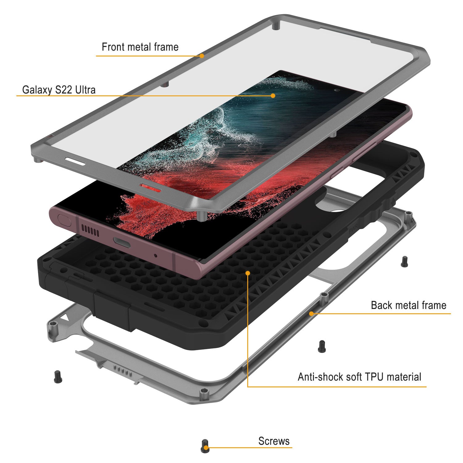 Capa de metal para Galaxy S22 Ultra, resistente e robusta de grau militar [Prata]