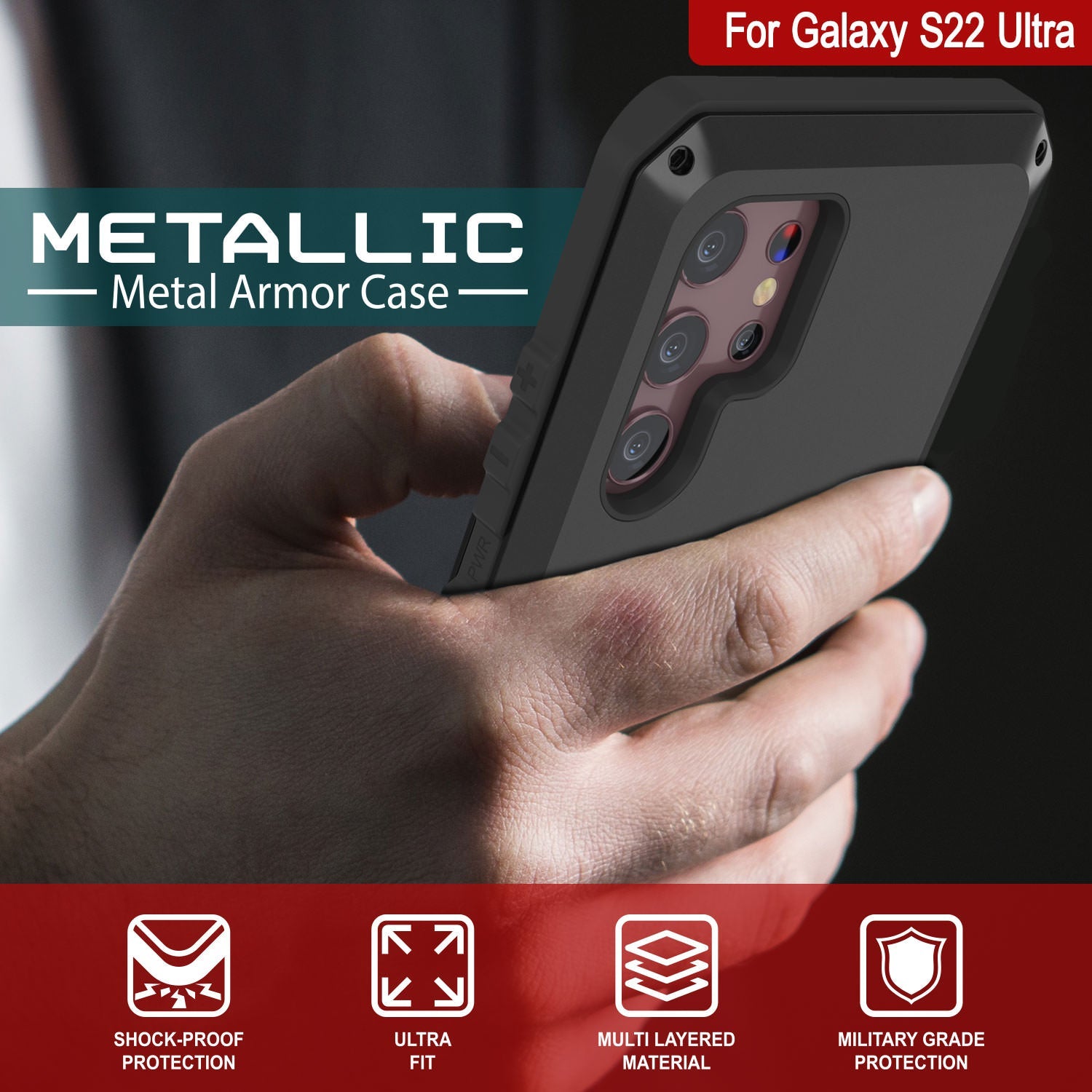 Capa de metal Galaxy S22 Ultra, capa resistente de armadura militar de alta resistência [Preto]