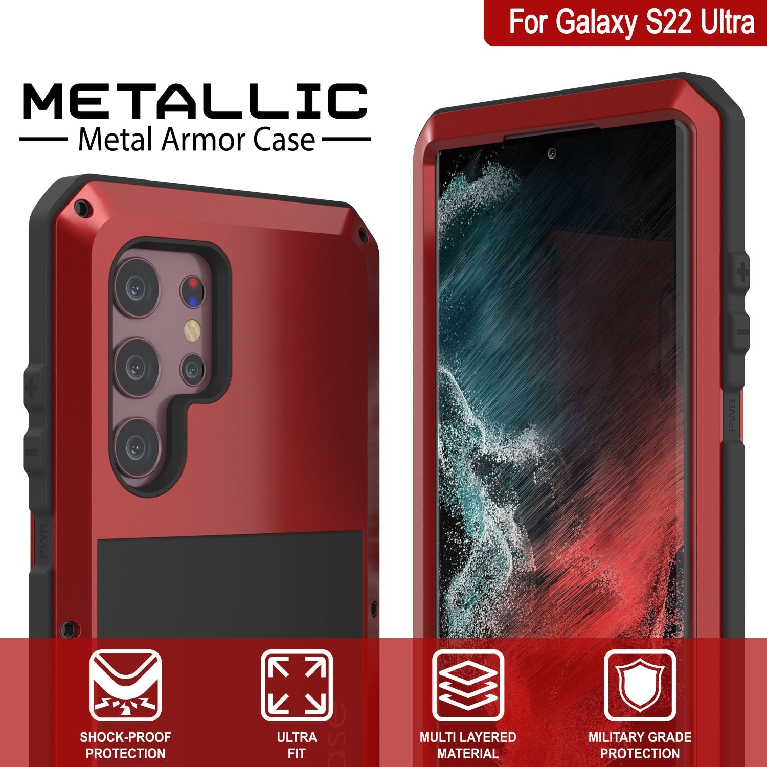 Capa de metal Galaxy S22 Ultra, capa protetora resistente de grau militar [vermelha]