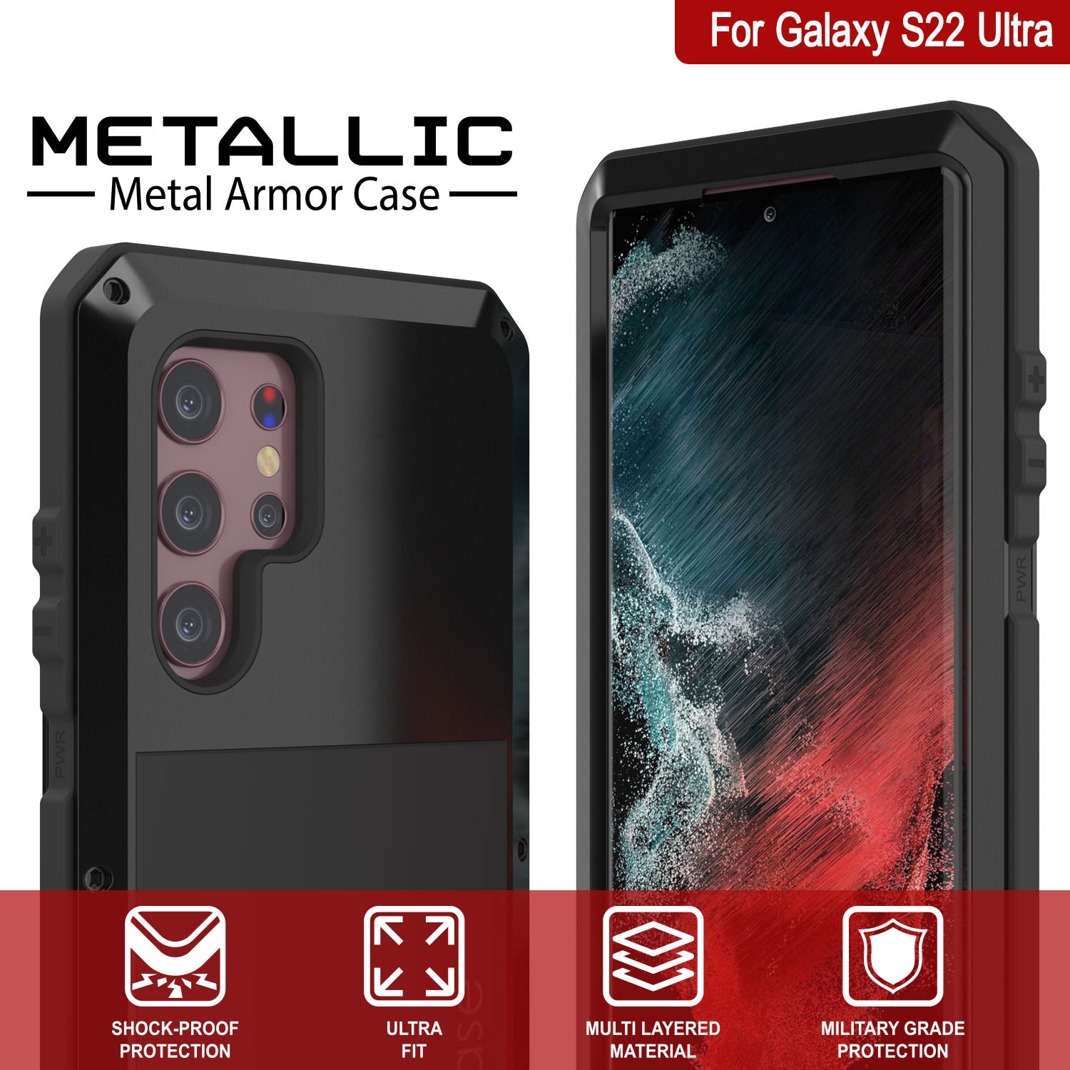 Capa de metal Galaxy S22 Ultra, capa resistente de armadura militar de alta resistência [Preto]