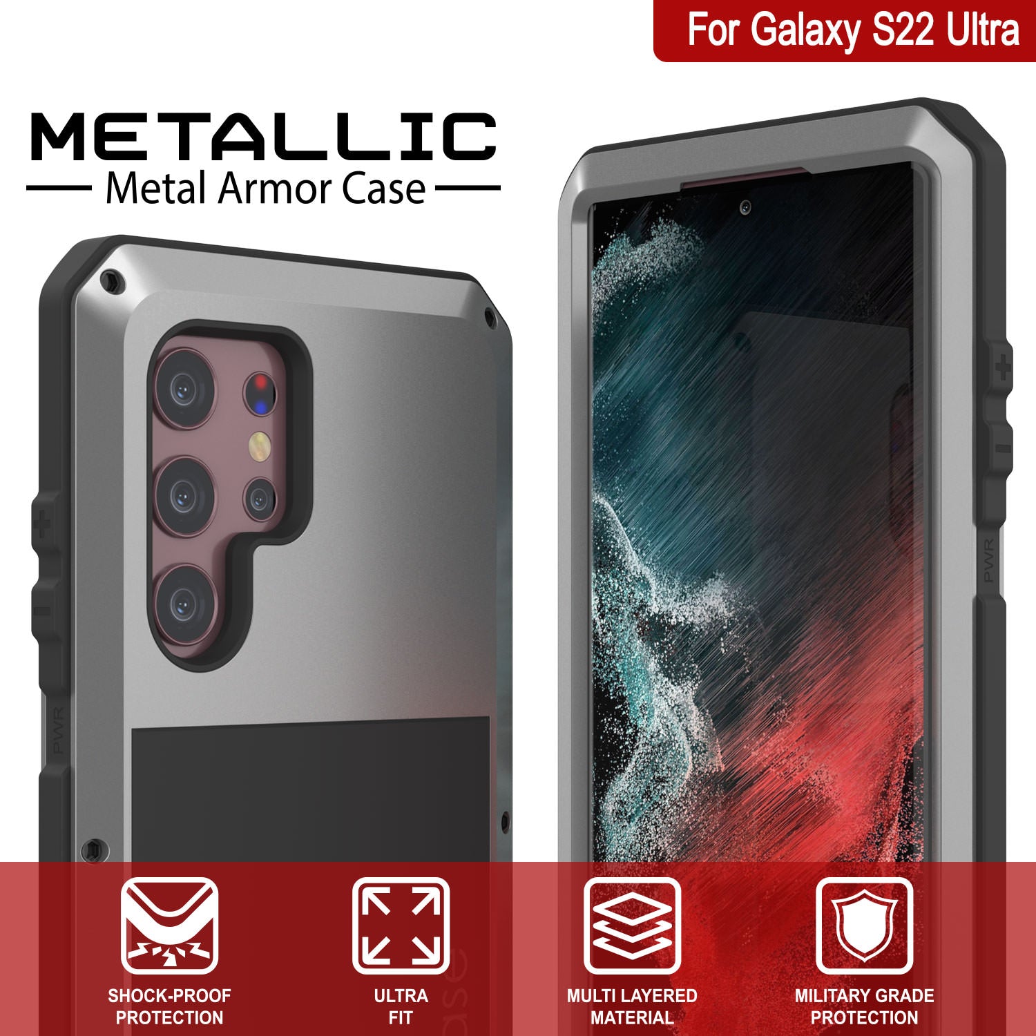 Capa de metal para Galaxy S22 Ultra, resistente e robusta de grau militar [Prata]