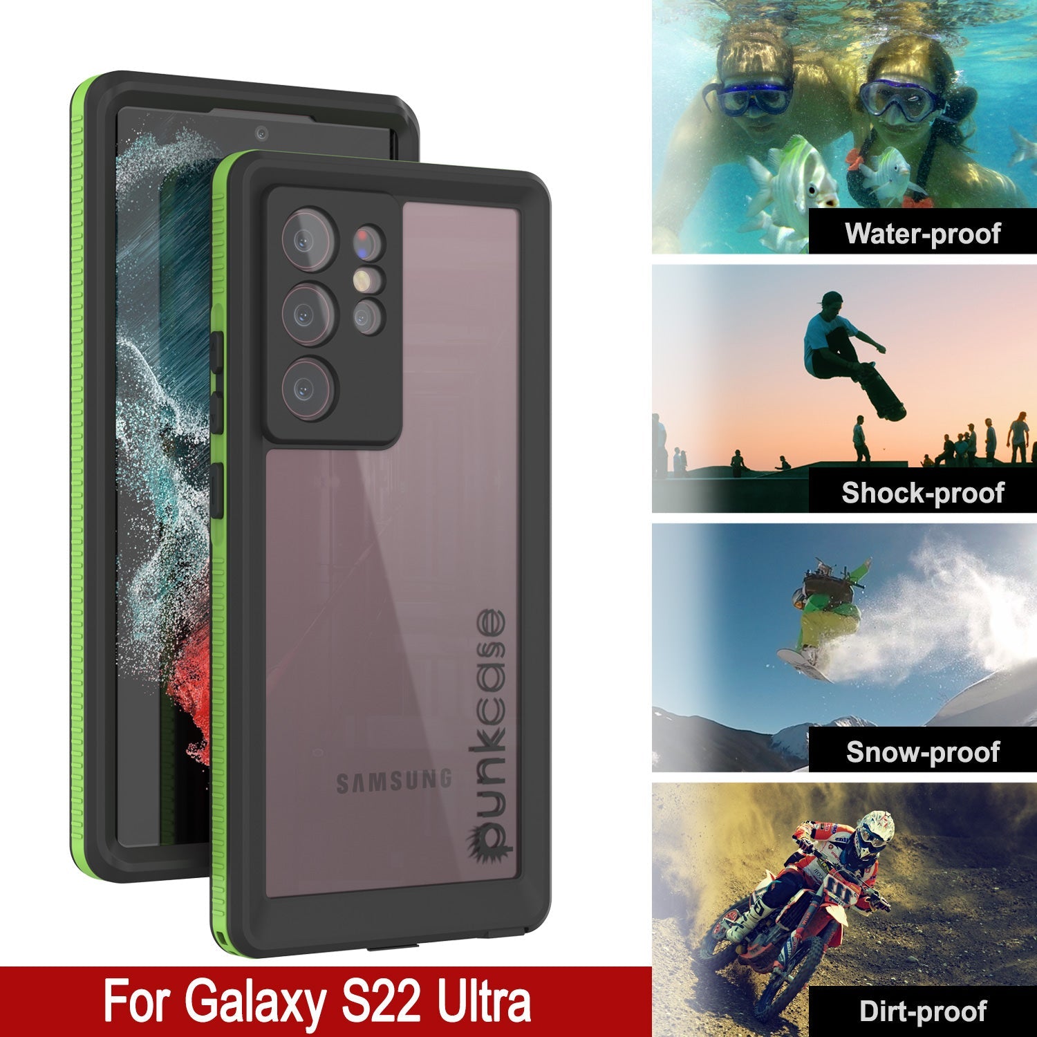 Capa à prova d'água PunkCase Ultimato Light Green Thin 6.6ft para Galaxy S22 Ultra Resistente a Choques Subaquática IP68 [Verde]