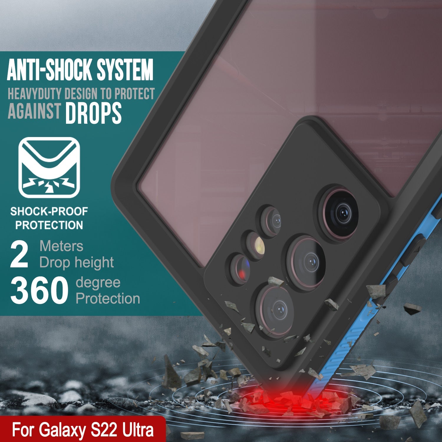 Capa à prova d'água Galaxy S22 Ultra PunkCase Ultimato Light Blue Fina 6,6ft Subaquática IP68 À Prova de Choque [Azul]