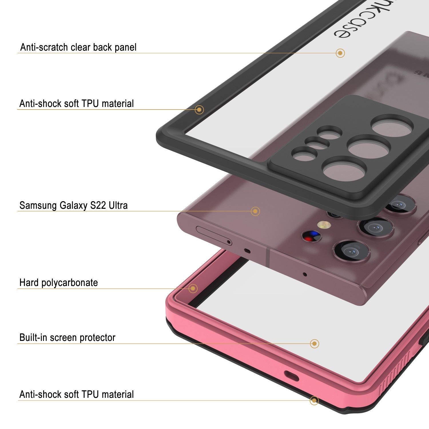 Capa à prova d'água para Galaxy S22 Ultra PunkCase Ultimato Rosa Fino 6.6ft Subaquático IP68 à prova de choque/neve [Rosa]