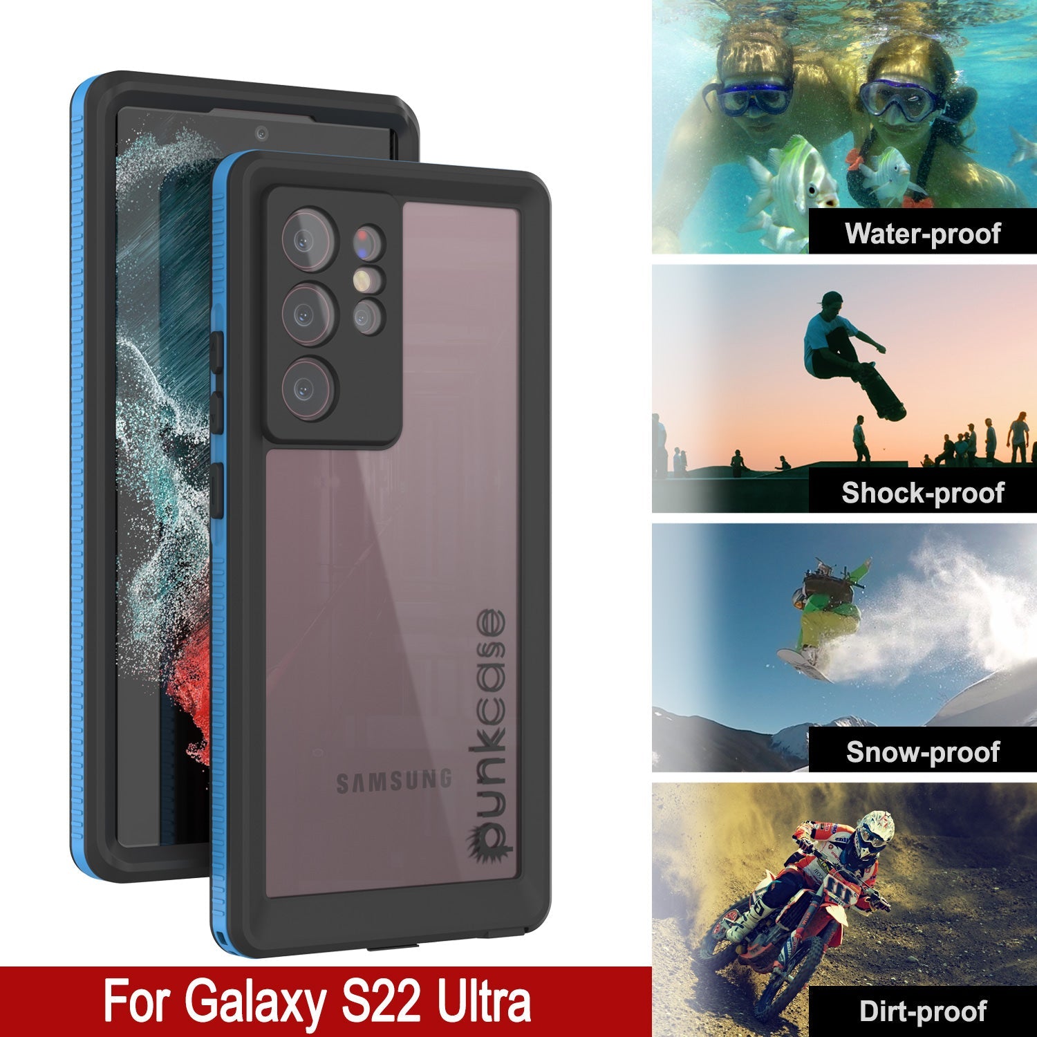 Capa à prova d'água Galaxy S22 Ultra PunkCase Ultimato Light Blue Fina 6,6ft Subaquática IP68 À Prova de Choque [Azul]