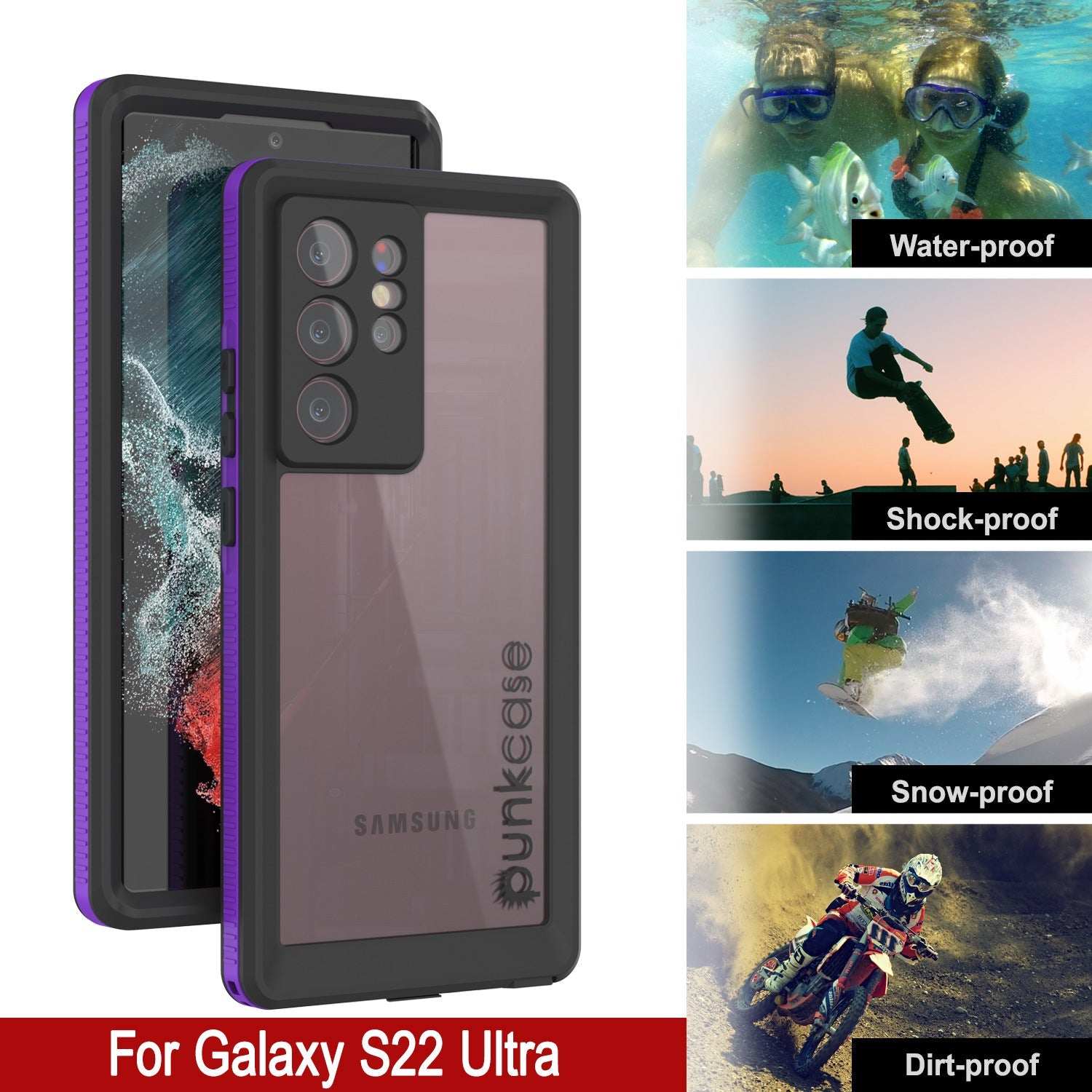 Capa à prova d'água Galaxy S22 Ultra PunkCase Ultimato Roxo Fino 6.6ft Subaquático IP68 À Prova de Choque/Neve [Roxo]