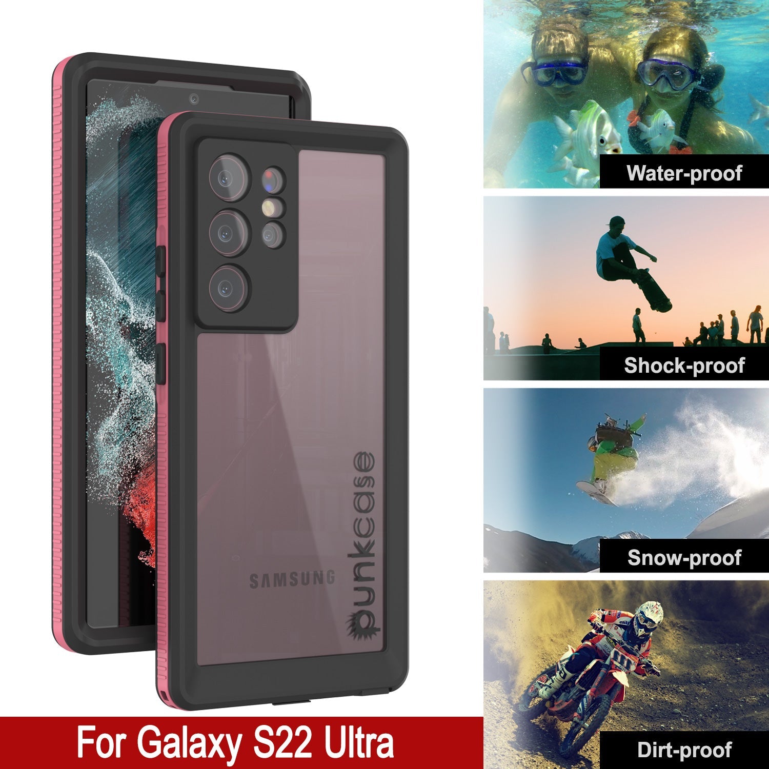 Capa à prova d'água para Galaxy S22 Ultra PunkCase Ultimato Rosa Fino 6.6ft Subaquático IP68 à prova de choque/neve [Rosa]