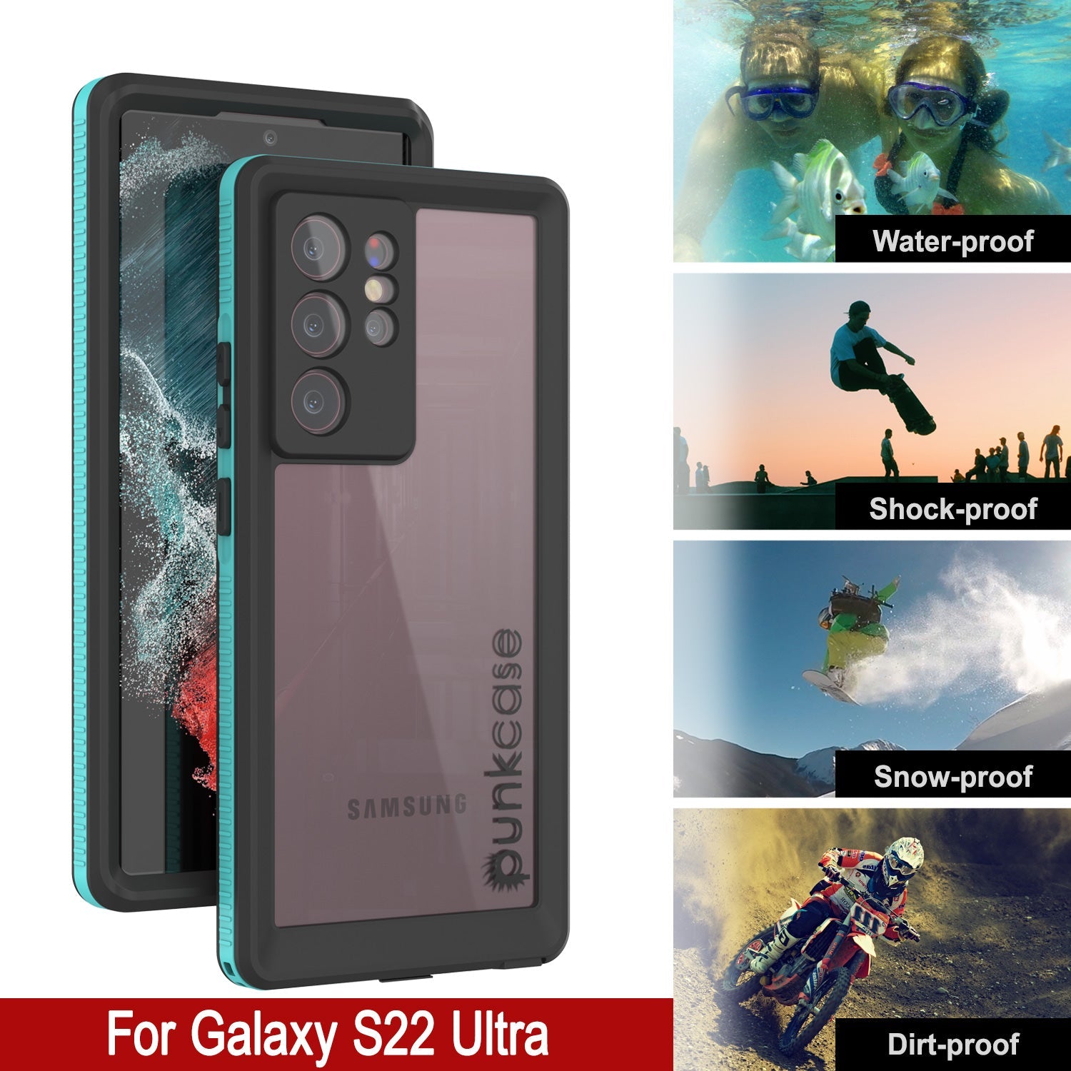 Capa à prova d'água Galaxy S22 Ultra PunkCase Ultimato Teal Fina 6.6ft subaquática IP68 à prova de choque/neve [Teal]
