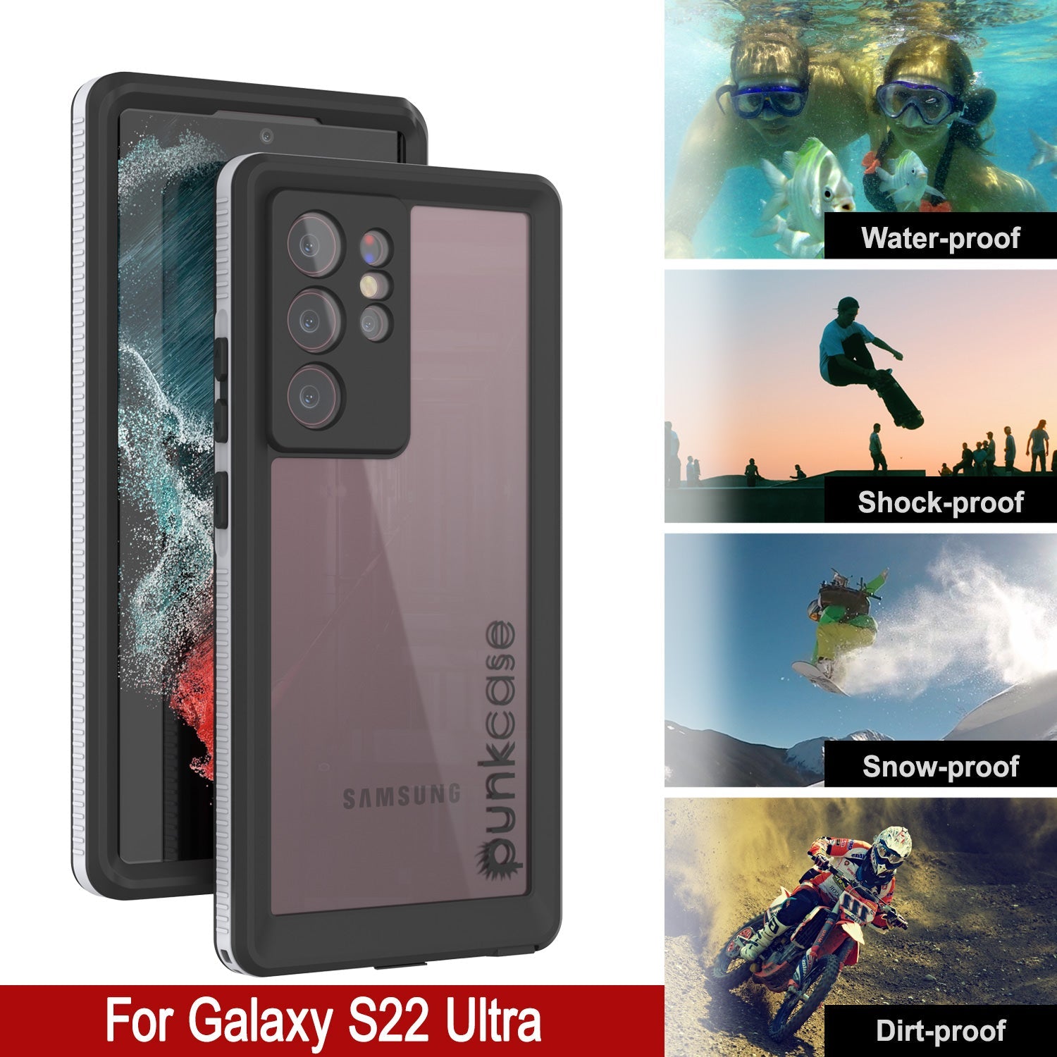 Capa à prova d'água para Galaxy S22 Ultra, Punkcase Ultimato Branco Fino 6,6 pés à prova d'água IP68 à prova de choque/neve [Branco]