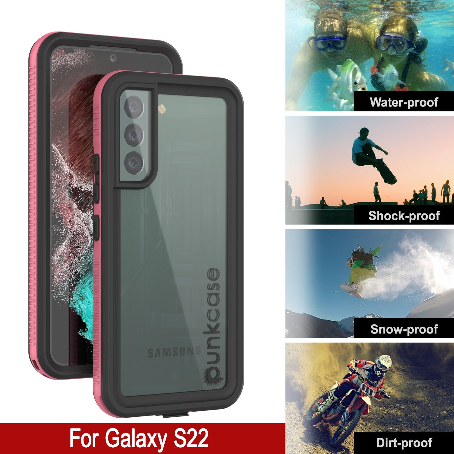 Capa à Prova d'Água para Galaxy S22 PunkCase Ultimato Rosa Fino 6.6ft Subaquático IP68 À Prova de Choque/Neve [Rosa]