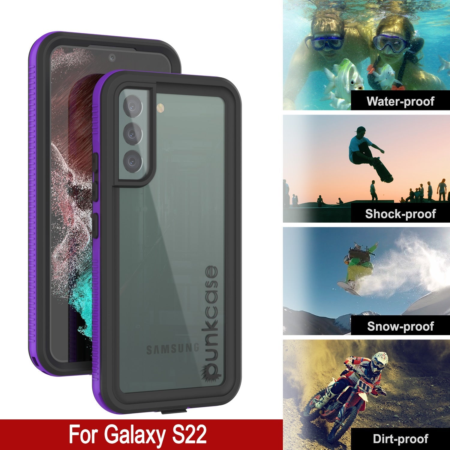 Capa à prova d'água Galaxy S22 PunkCase Ultimato Roxo Fino 6.6ft Subaquático à prova de choque/neve IP68 [Roxo]