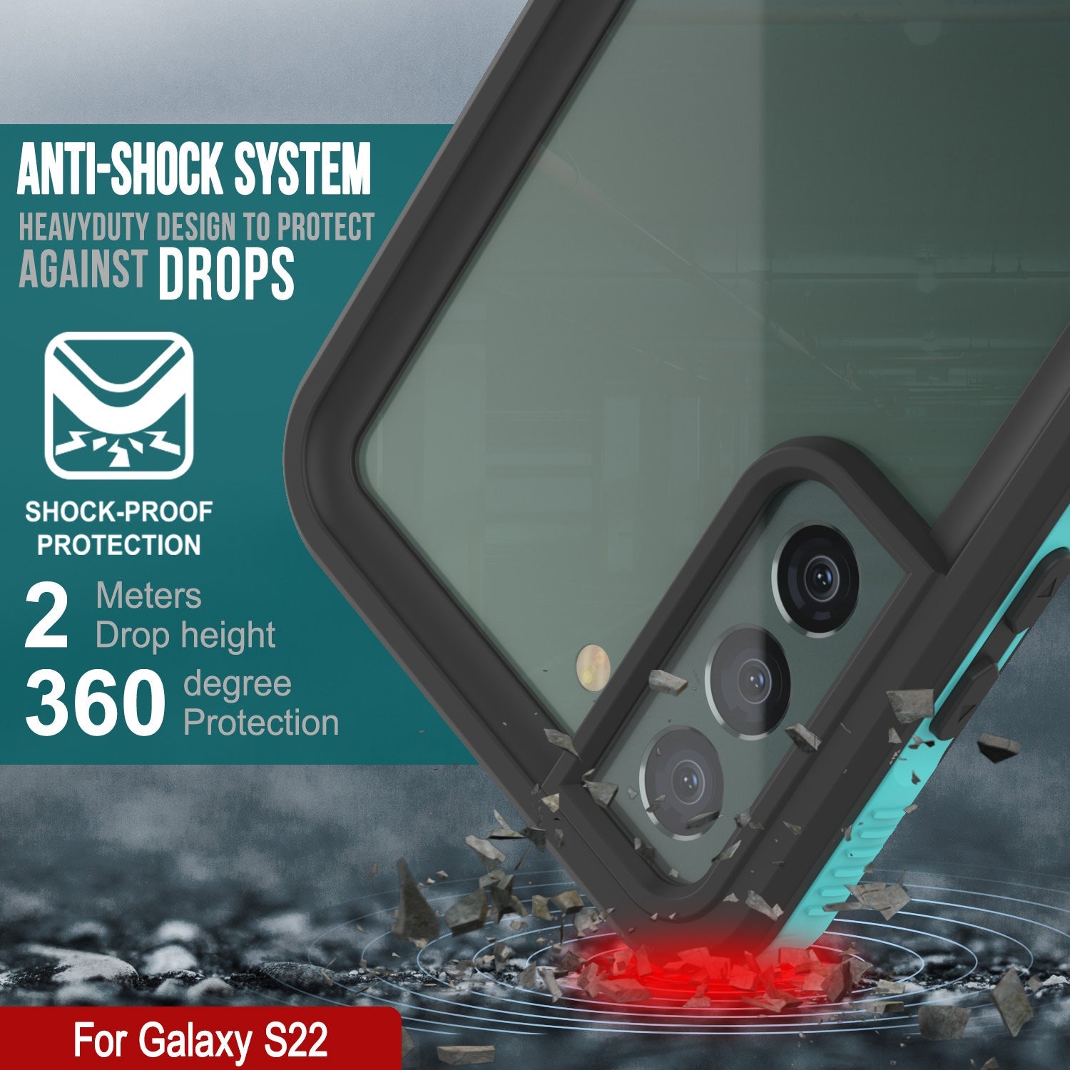 Capa à prova d'água Galaxy S22 PunkCase Ultimato Teal Fina 6,6 pés subaquática IP68 à prova de choque/neve [Teal]