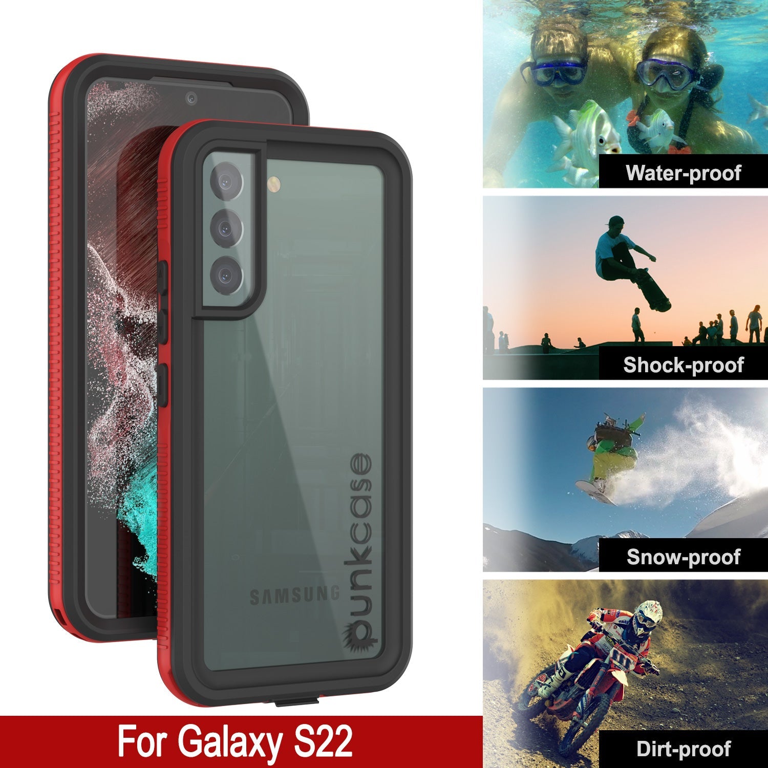 Capa à prova d'água para Galaxy S22 PunkCase Ultimato Red Thin 6,6ft Subaquático IP68 à Prova de Choque/Neve [Vermelho]