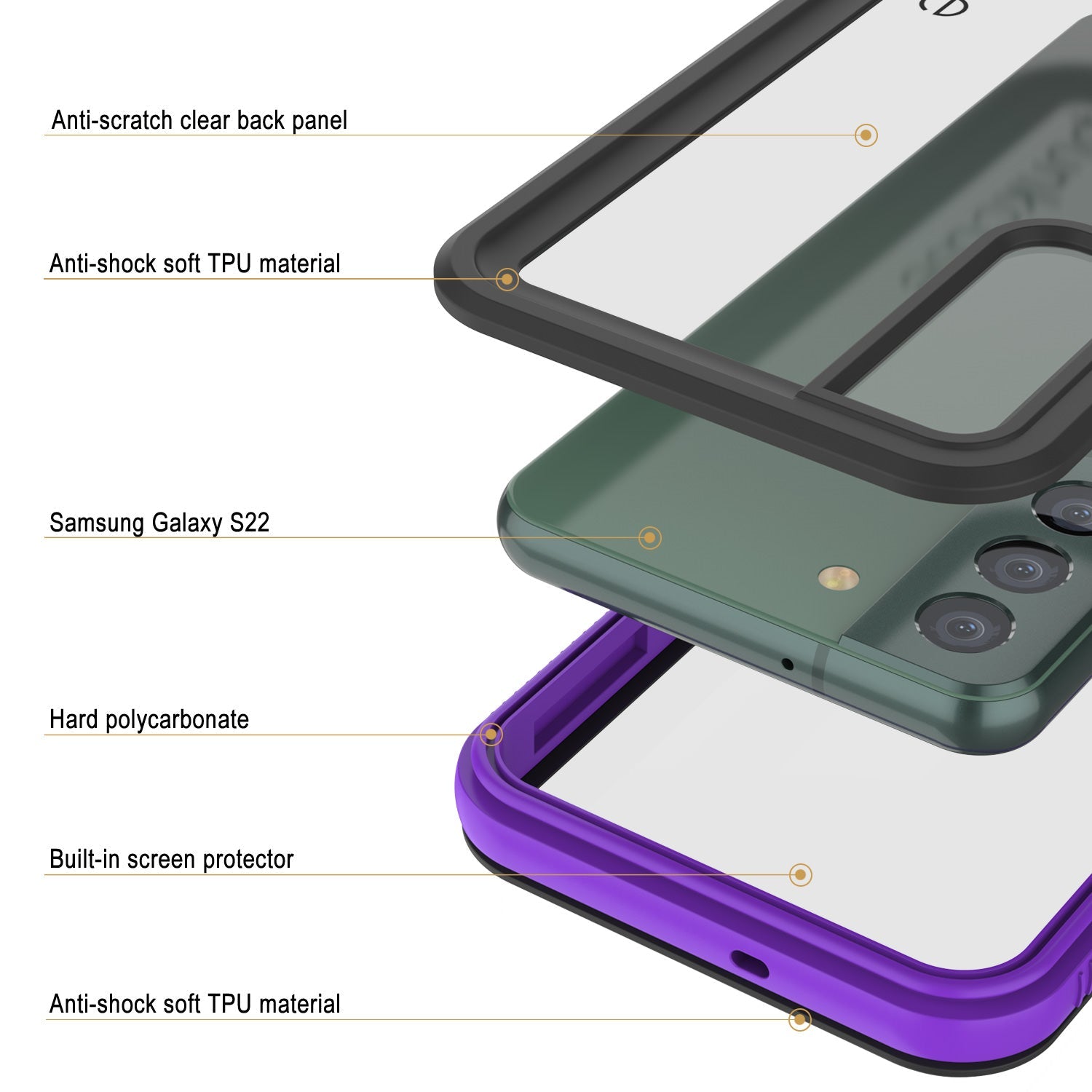 Capa à prova d'água Galaxy S22 PunkCase Ultimato Roxo Fino 6.6ft Subaquático à prova de choque/neve IP68 [Roxo]