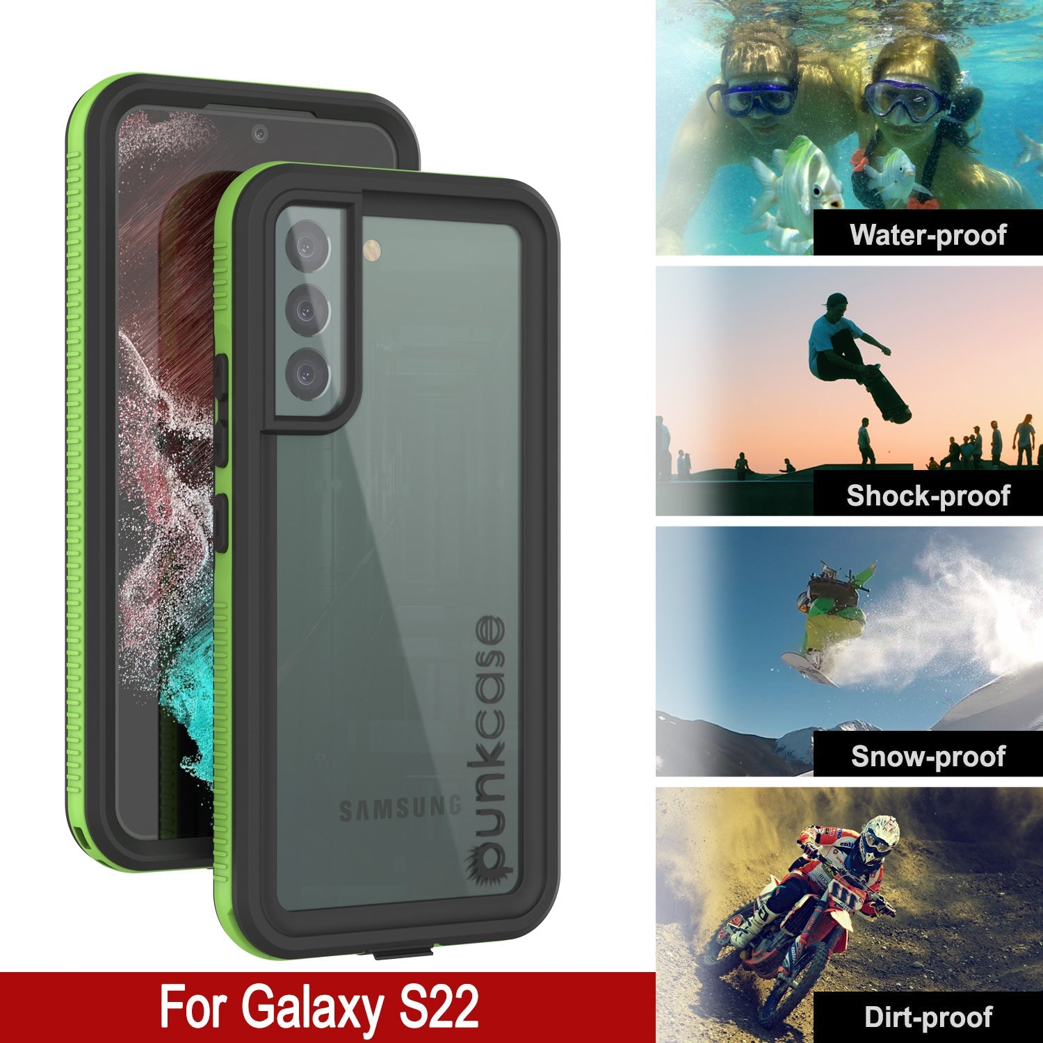 Capa à prova d'água Galaxy S22 PunkCase Ultimato Light Green Fin Thin 6,6 pés Subaquático IP68 à prova de choque [Verde]
