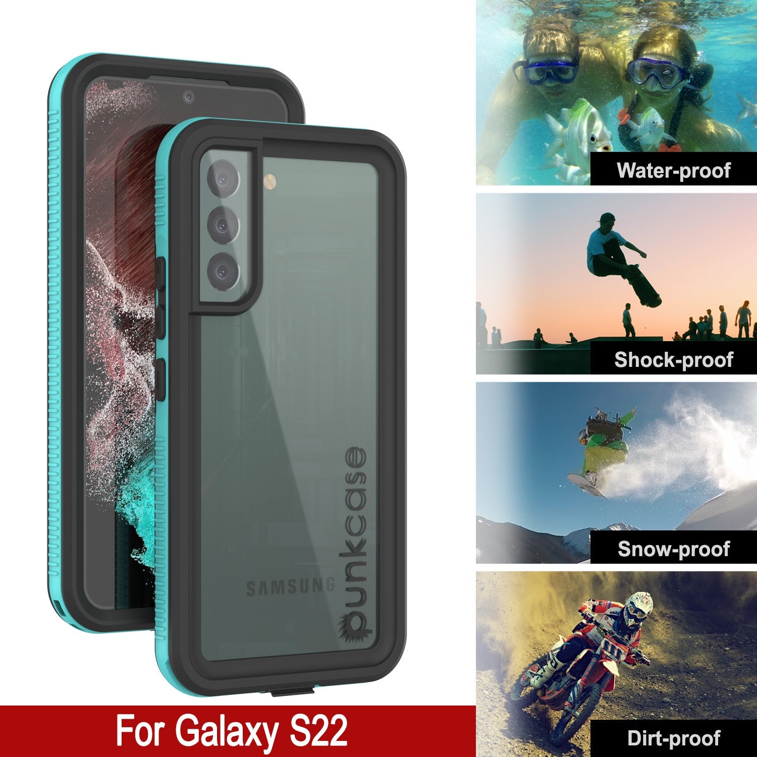Capa à prova d'água Galaxy S22 PunkCase Ultimato Teal Fina 6,6 pés subaquática IP68 à prova de choque/neve [Teal]