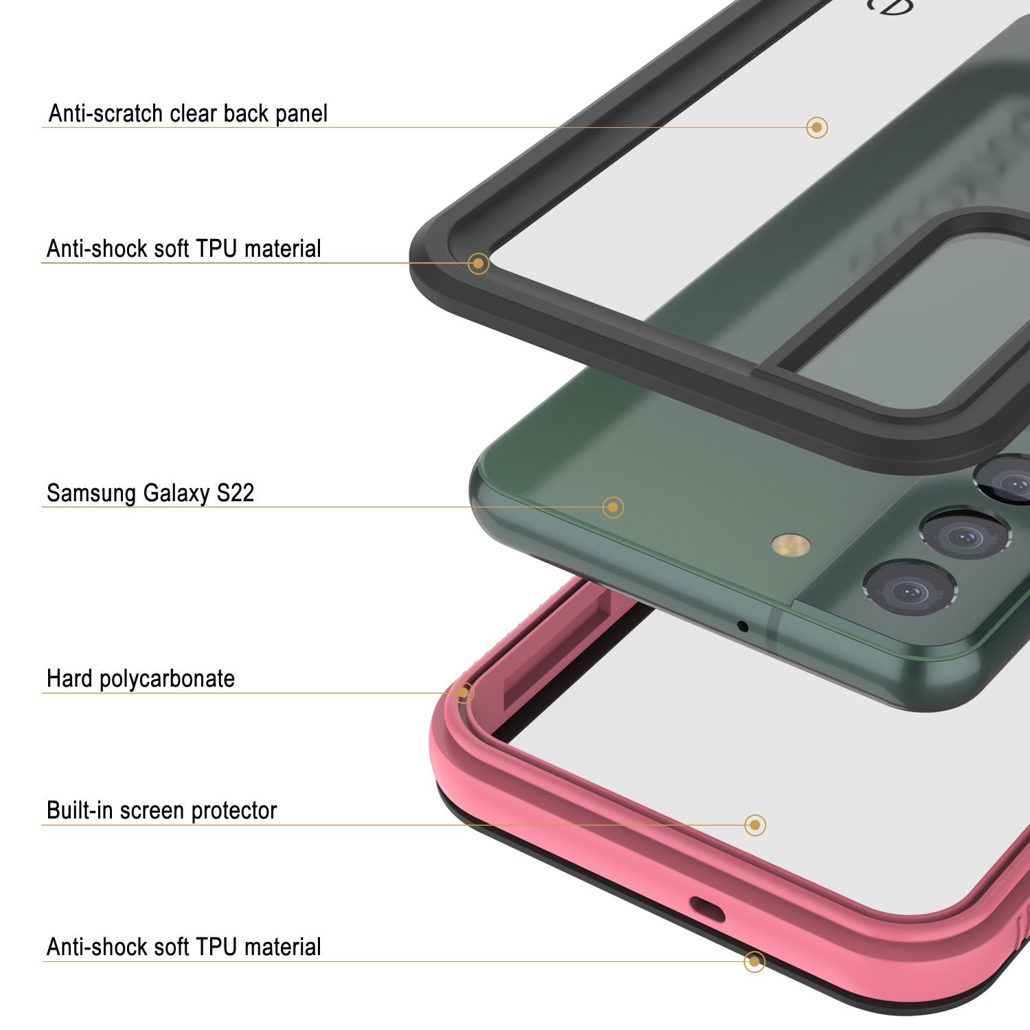 Capa à Prova d'Água para Galaxy S22 PunkCase Ultimato Rosa Fino 6.6ft Subaquático IP68 À Prova de Choque/Neve [Rosa]