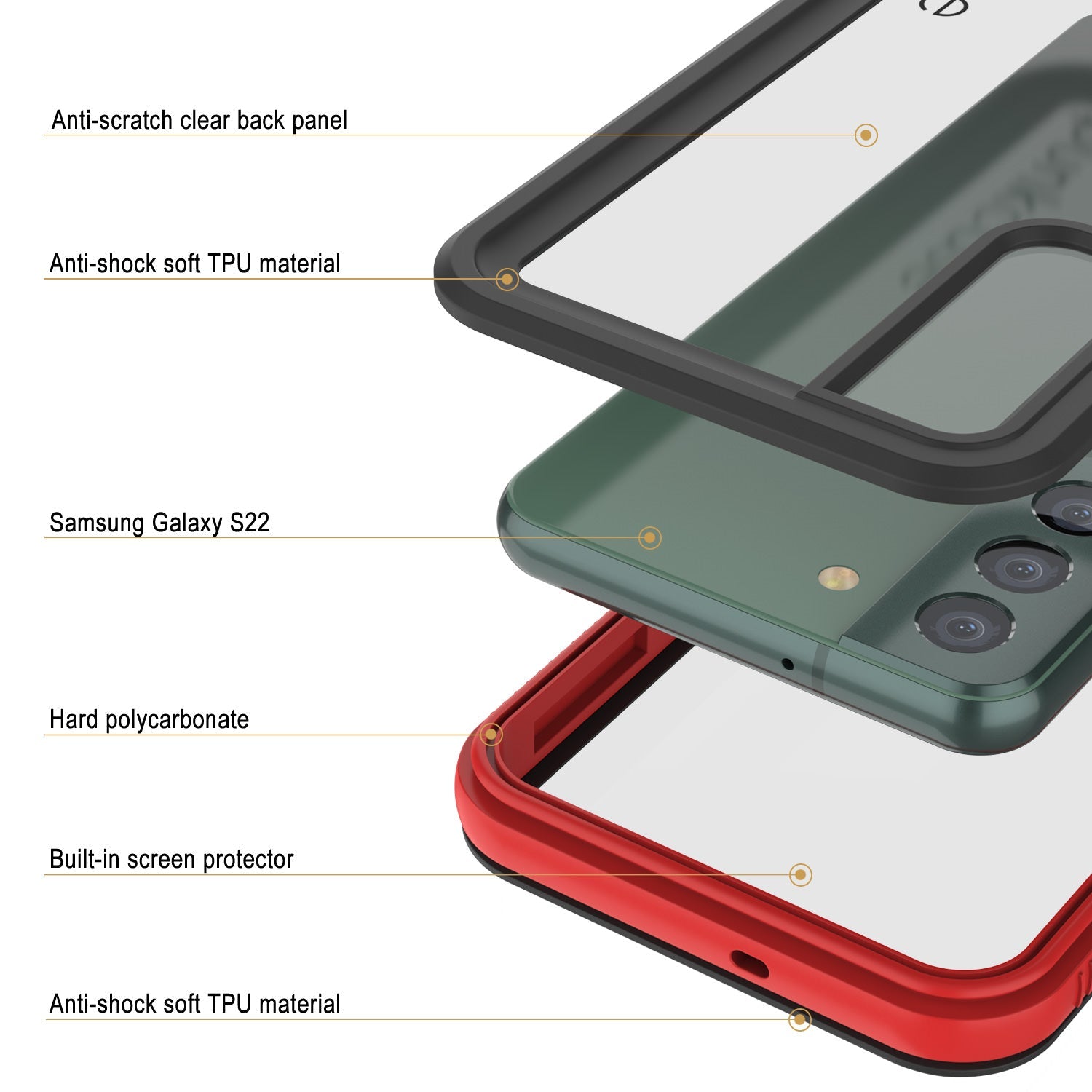 Capa à prova d'água para Galaxy S22 PunkCase Ultimato Red Thin 6,6ft Subaquático IP68 à Prova de Choque/Neve [Vermelho]