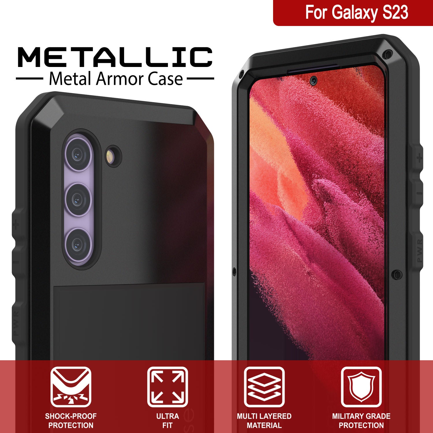 Capa de metal para Galaxy S23, resistente de alta qualidade militar [à prova de choque] corpo inteiro resistente [preto]