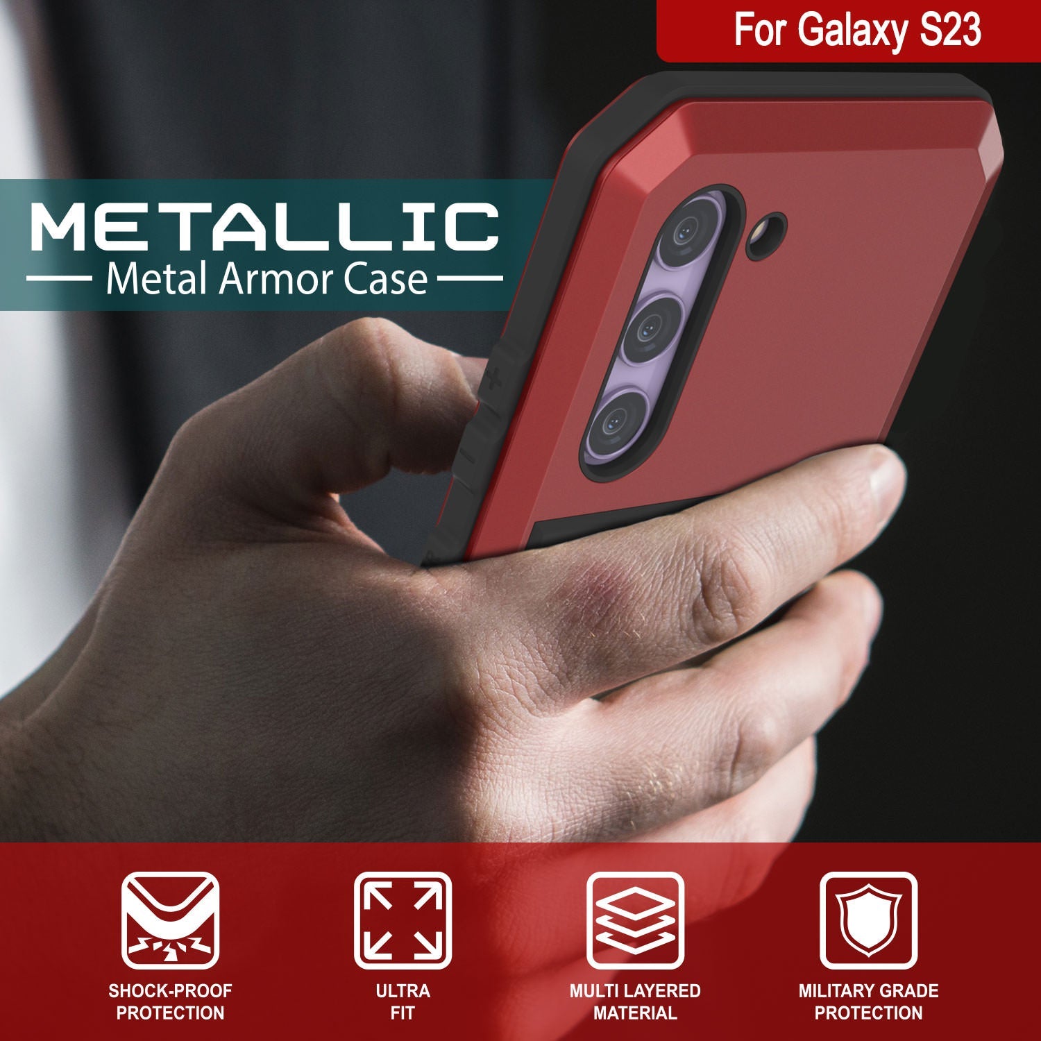 Capa de metal Galaxy S23, capa de armadura de grau militar resistente, à prova de choque, corpo inteiro rígido [Vermelho]