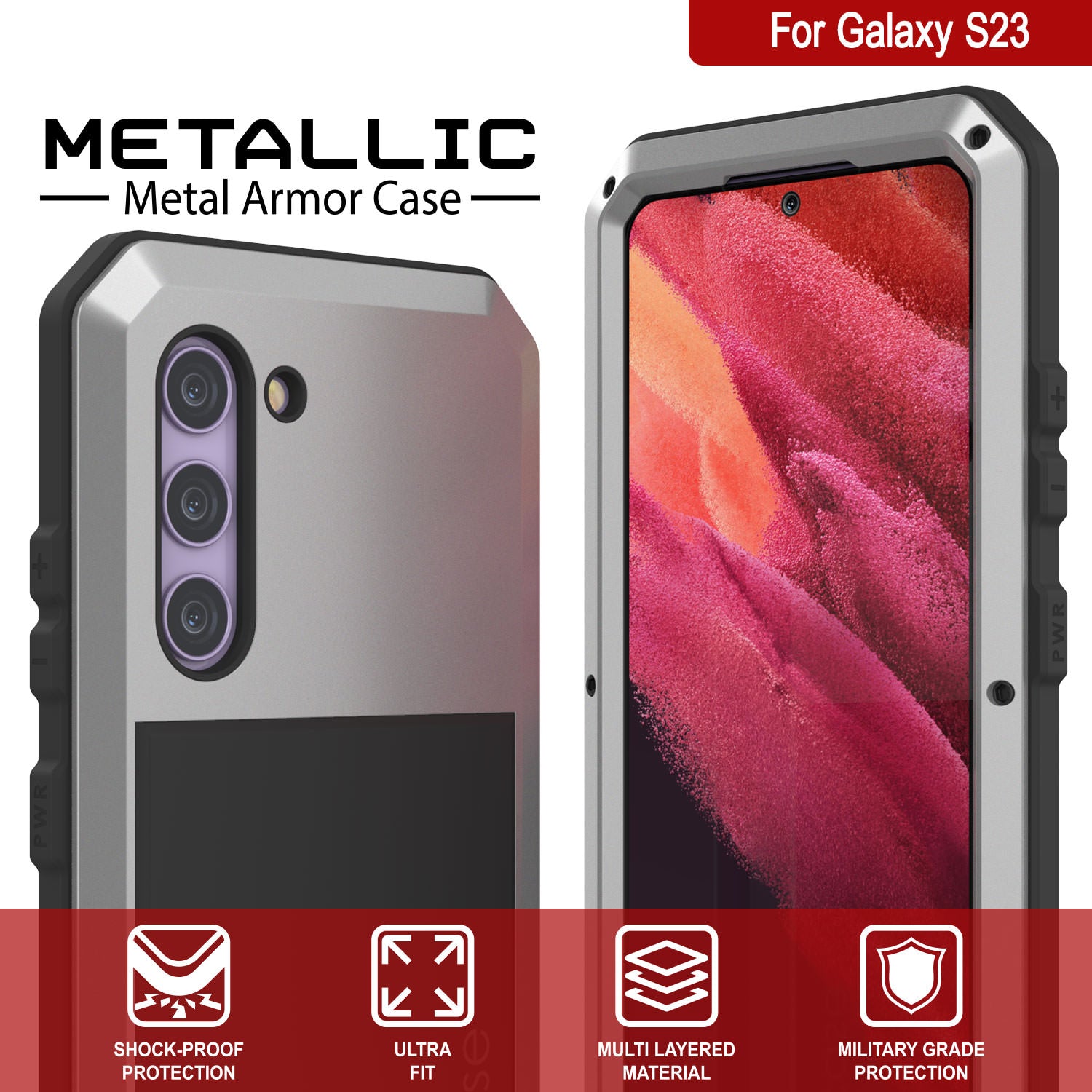 Capa de Metal Galaxy S23, Capa de Armadura de Grau Militar Resistente [à prova de choque] Corpo Inteiro Resistente [Prateado]