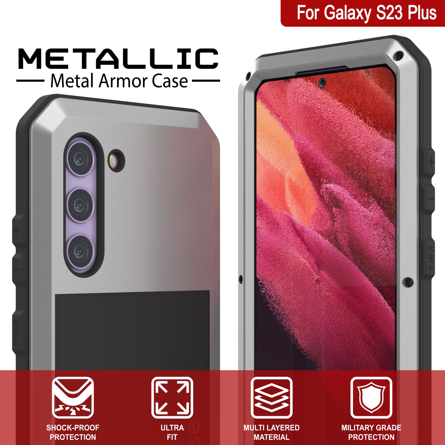 Capa de Metal para Galaxy S23+ Plus, Resistente Militar de Grau de Armadura [prova de choque] Corpo Inteiro Resistente [Prata]