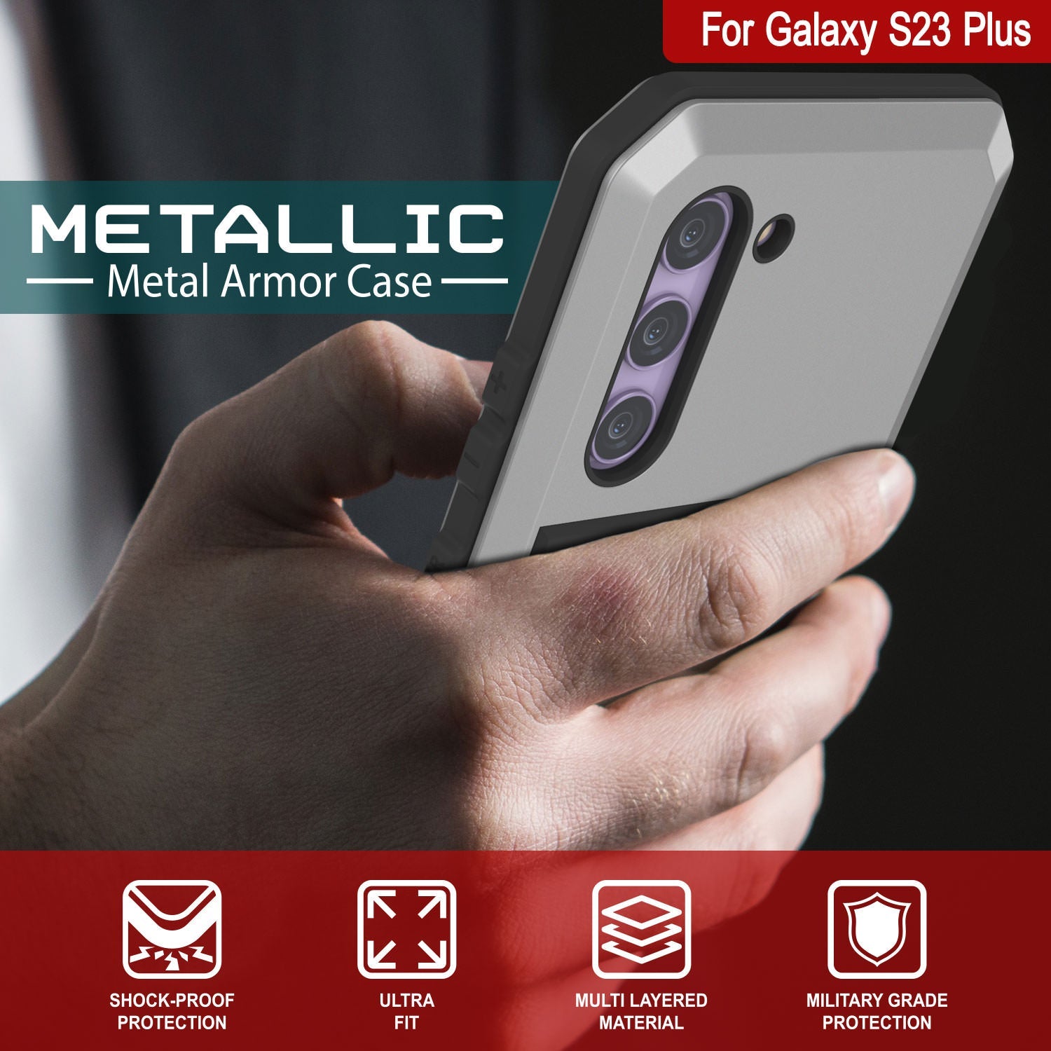 Capa de Metal para Galaxy S23+ Plus, Resistente Militar de Grau de Armadura [prova de choque] Corpo Inteiro Resistente [Prata]