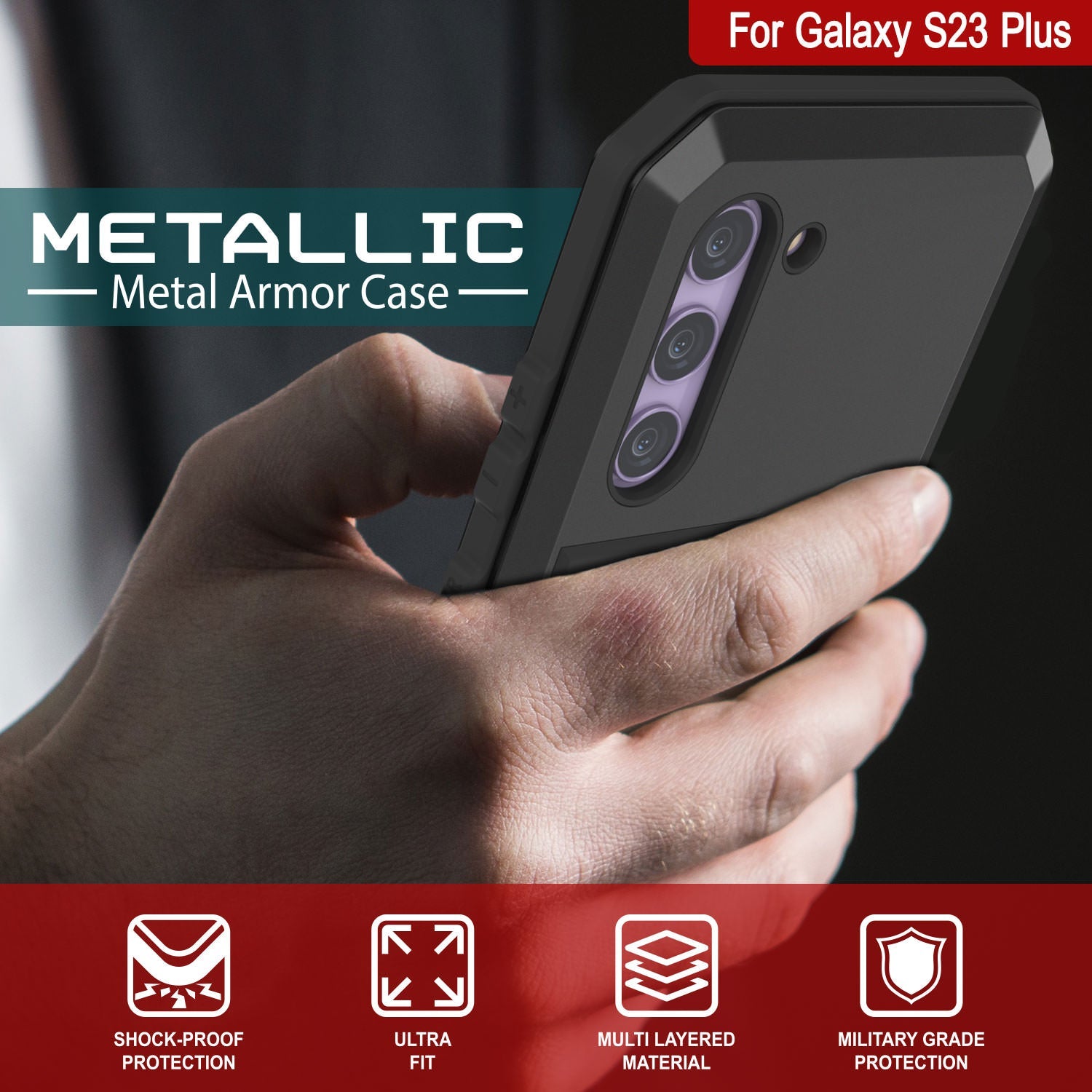 Capa de metal para Galaxy S23+ Plus, resistente de alta qualidade militar, resistente a choques, corpo inteiro rígido [Preto]