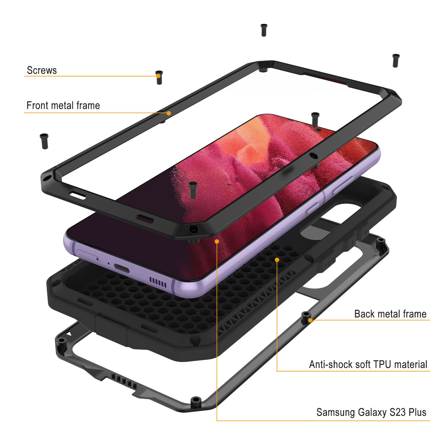 Capa de metal para Galaxy S23+ Plus, resistente de alta qualidade militar, resistente a choques, corpo inteiro rígido [Preto]