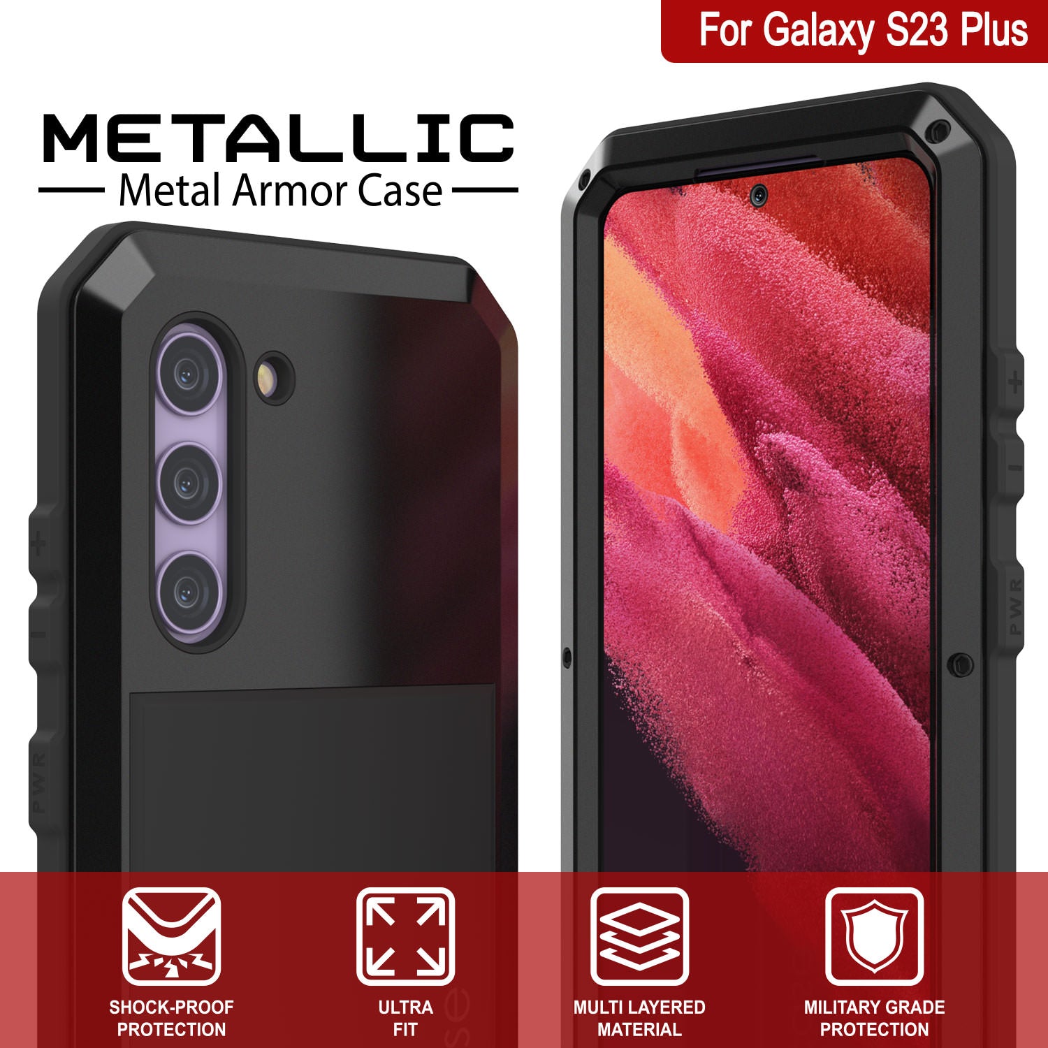 Capa de metal para Galaxy S23+ Plus, resistente de alta qualidade militar, resistente a choques, corpo inteiro rígido [Preto]