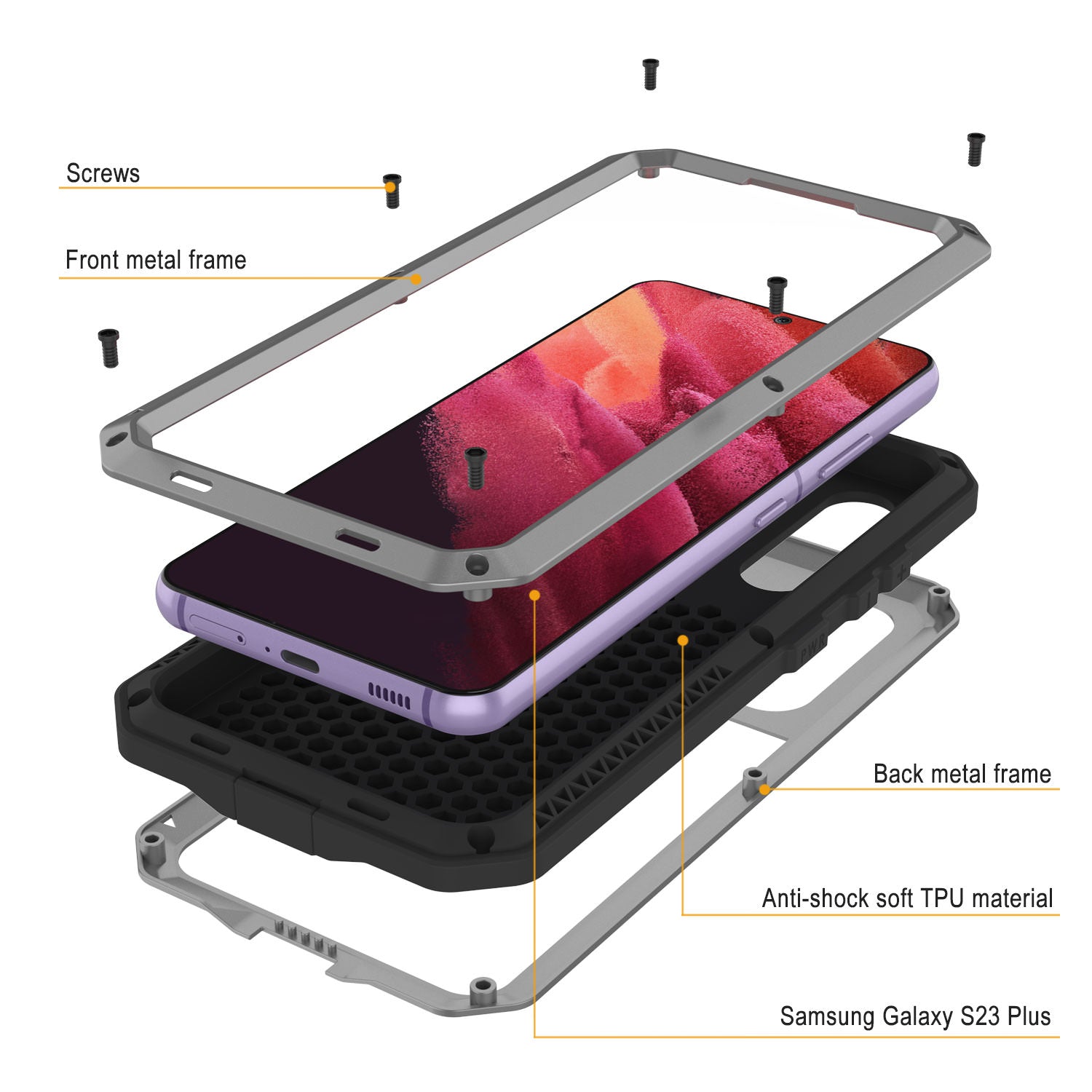 Capa de Metal para Galaxy S23+ Plus, Resistente Militar de Grau de Armadura [prova de choque] Corpo Inteiro Resistente [Prata]