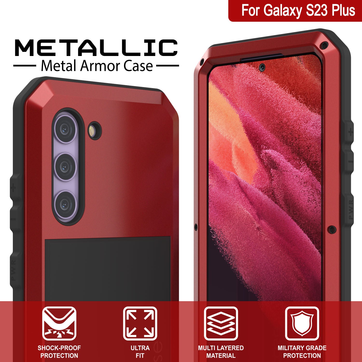 Capa de metal Galaxy S23+ Plus, resistente de alta qualidade militar, capa de proteção [à prova de choque] corpo inteiro [vermelha]