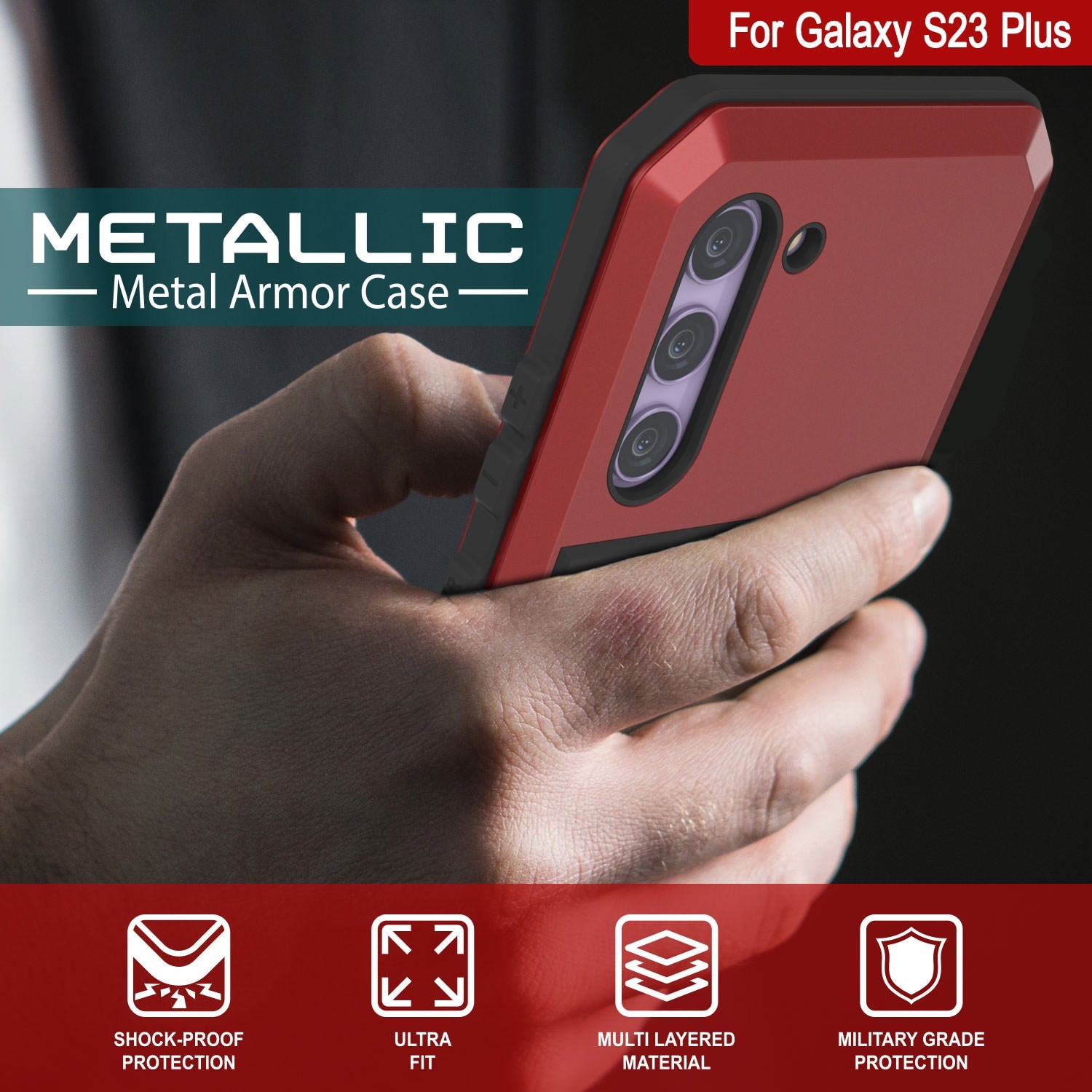 Capa de metal Galaxy S23+ Plus, resistente de alta qualidade militar, capa de proteção [à prova de choque] corpo inteiro [vermelha]