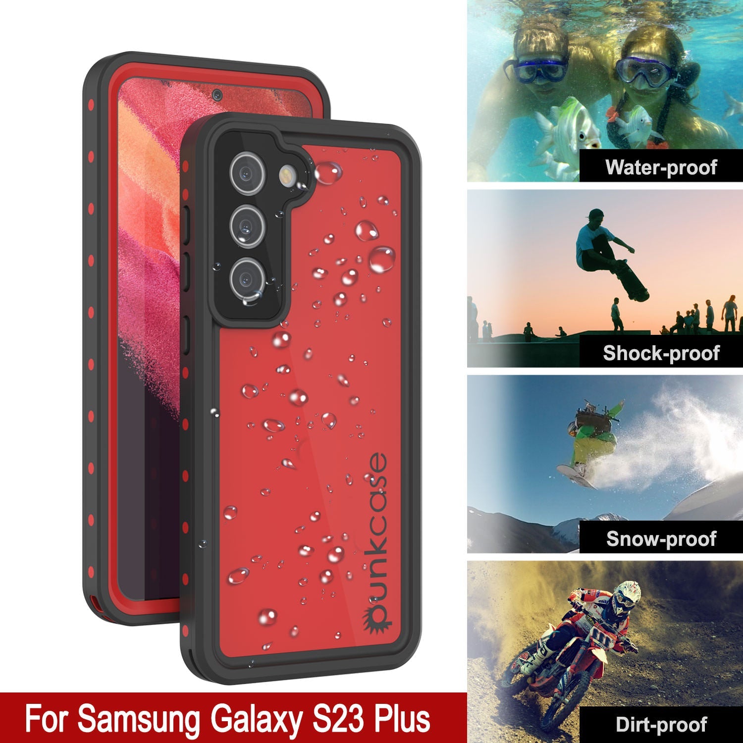 Capa à prova d'água Galaxy S23+ Plus PunkCase StudStar Vermelho Fino 6.6 pés subaquático IP68 à prova de choque/neve.