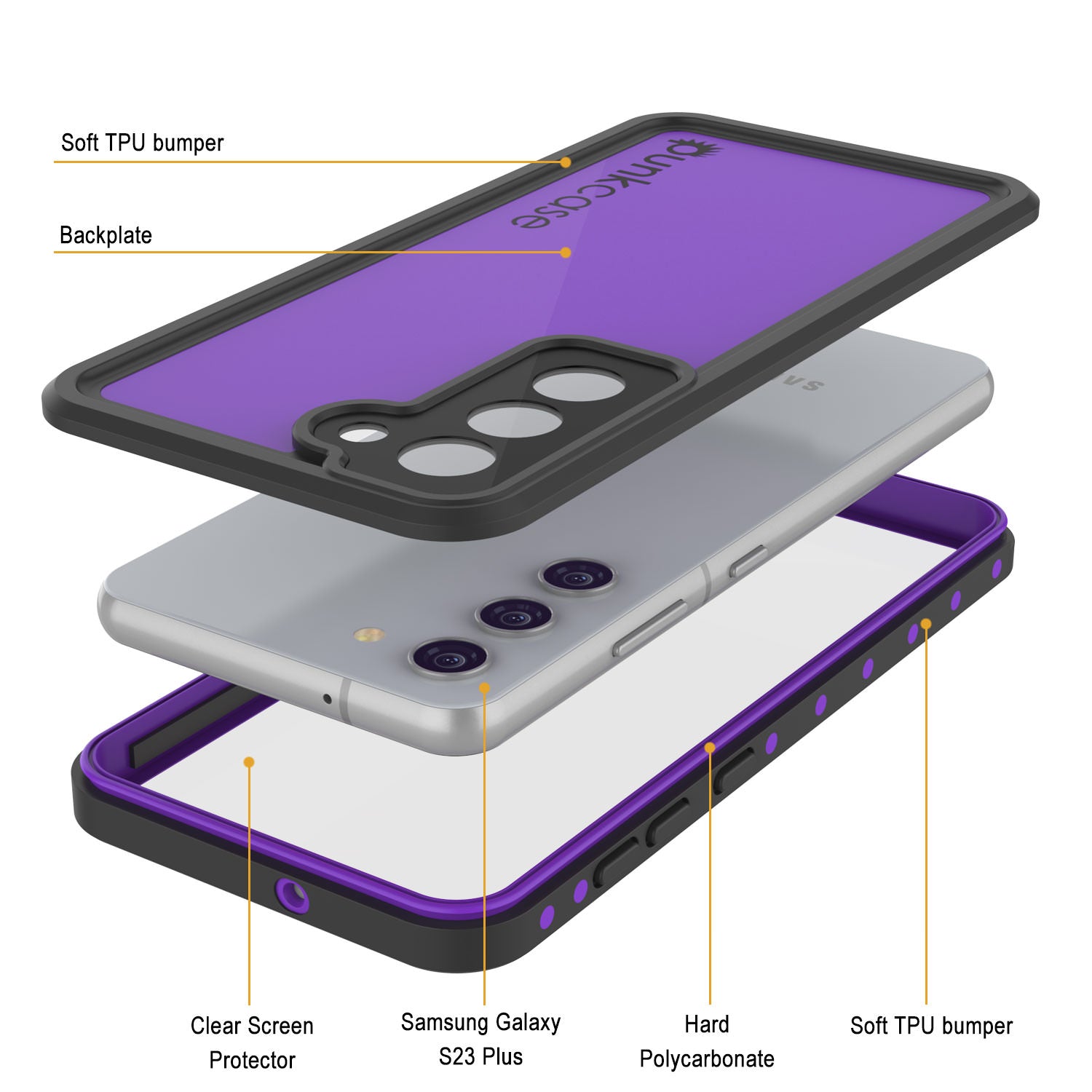 Capa à Prova d'Água Galaxy S23+ Plus PunkCase StudStar Roxo Fino 6.6ft Subaquático IP68 à Prova de Choque/Neve