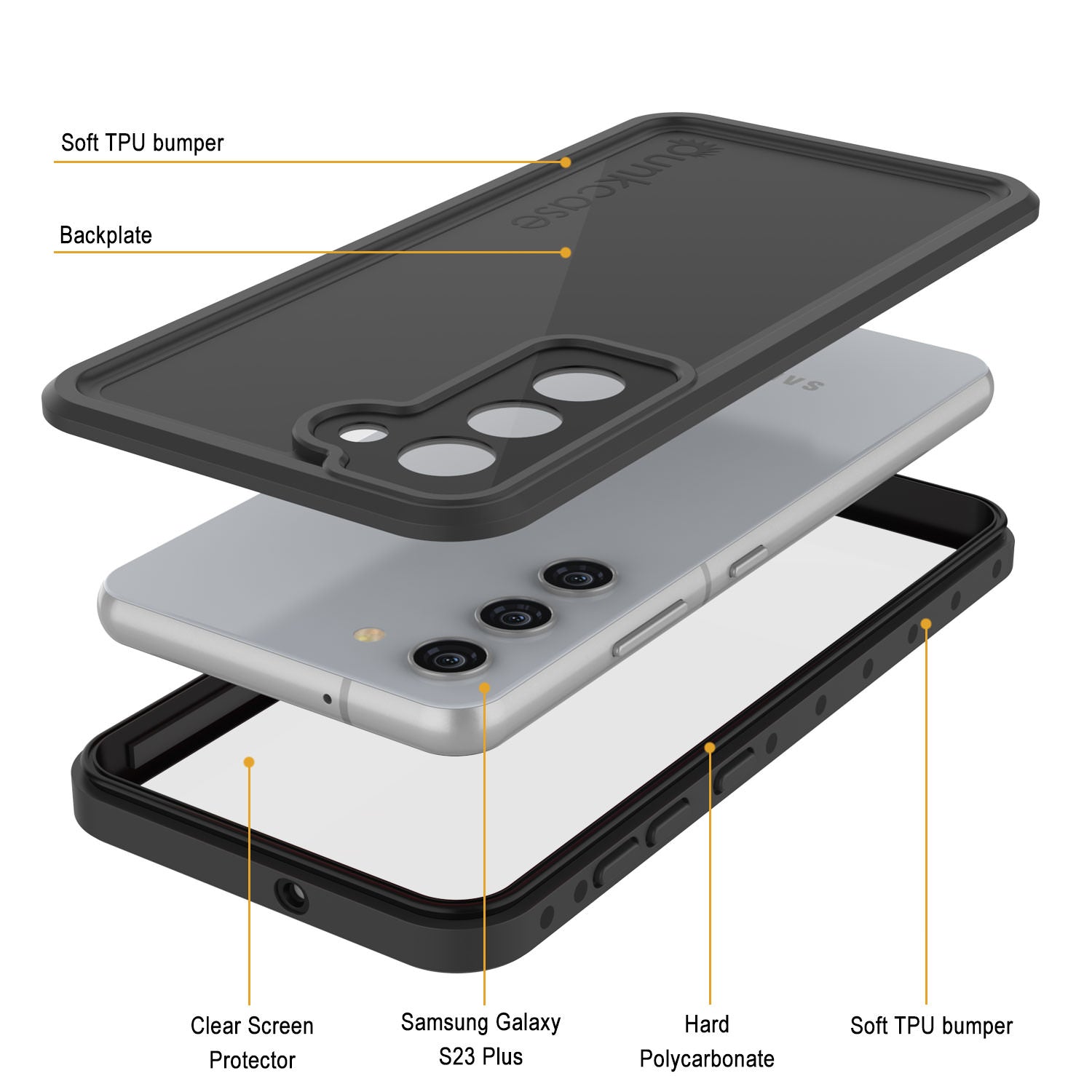 Capa à prova d'água Galaxy S23+ Plus PunkCase StudStar preta fina 6,6 pés à prova d'água IP68 à prova de choque/neve