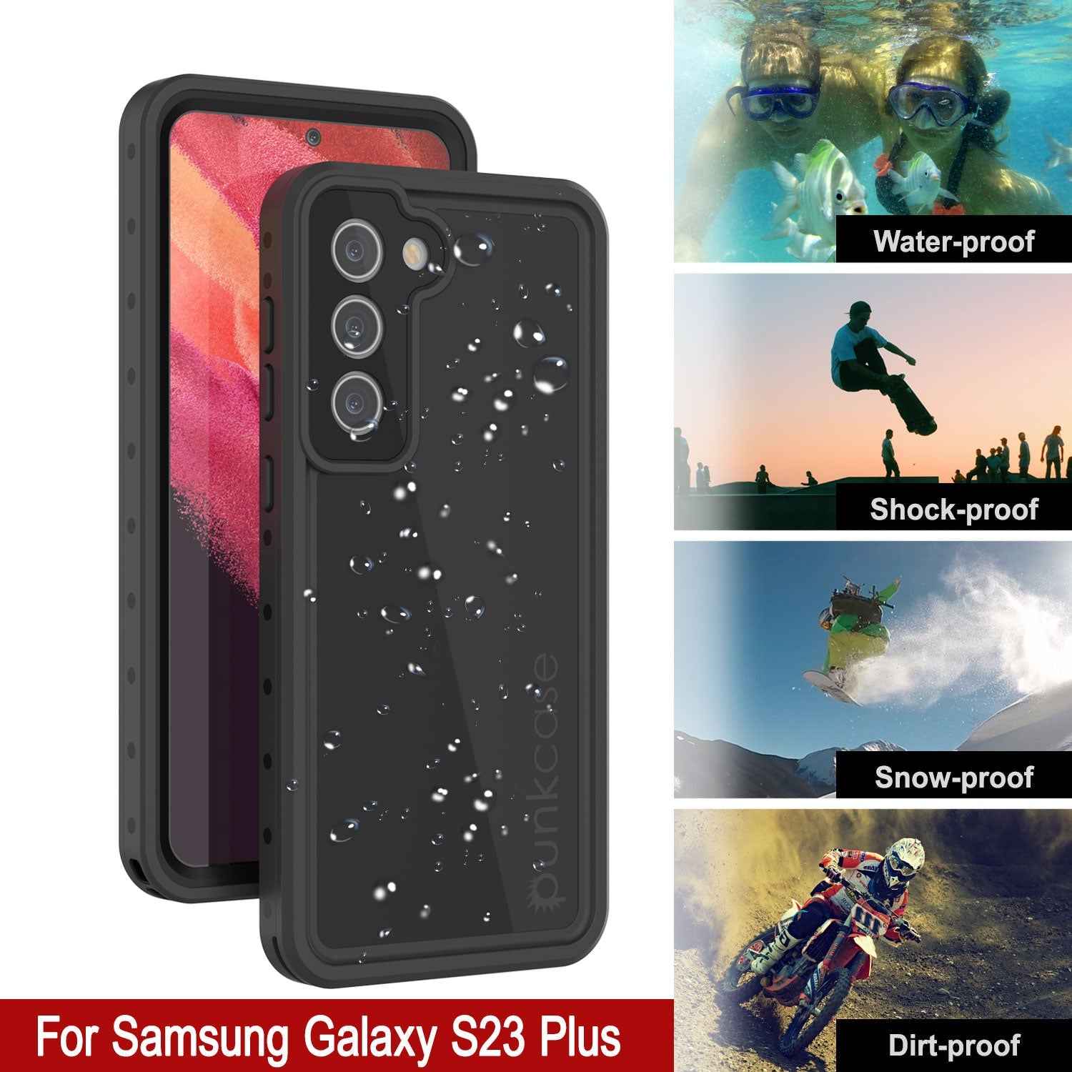 Capa à prova d'água Galaxy S23+ Plus PunkCase StudStar preta fina 6,6 pés à prova d'água IP68 à prova de choque/neve
