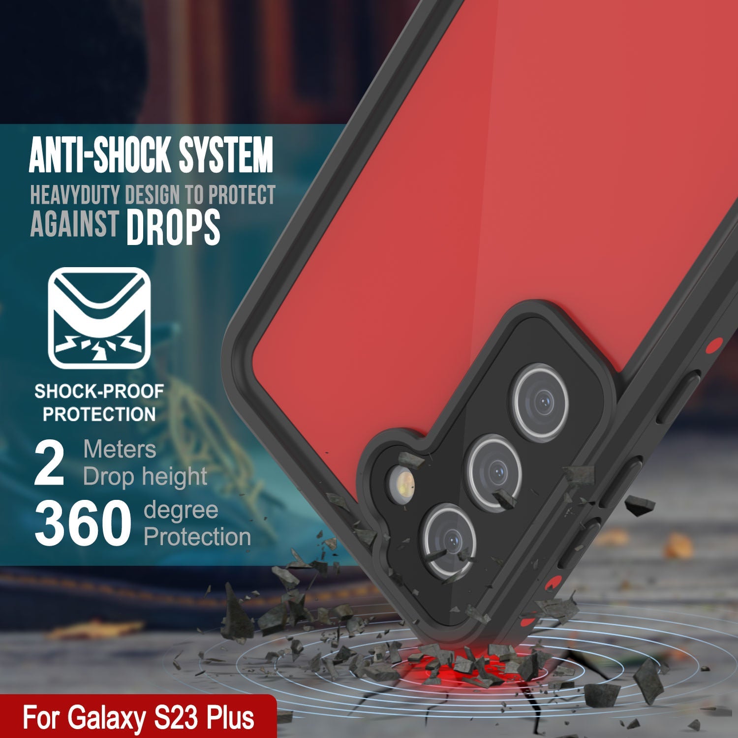Capa à prova d'água Galaxy S23+ Plus PunkCase StudStar Vermelho Fino 6.6 pés subaquático IP68 à prova de choque/neve.