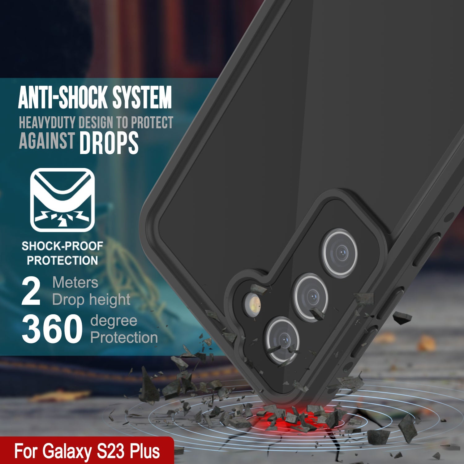 Capa à prova d'água Galaxy S23+ Plus PunkCase StudStar preta fina 6,6 pés à prova d'água IP68 à prova de choque/neve