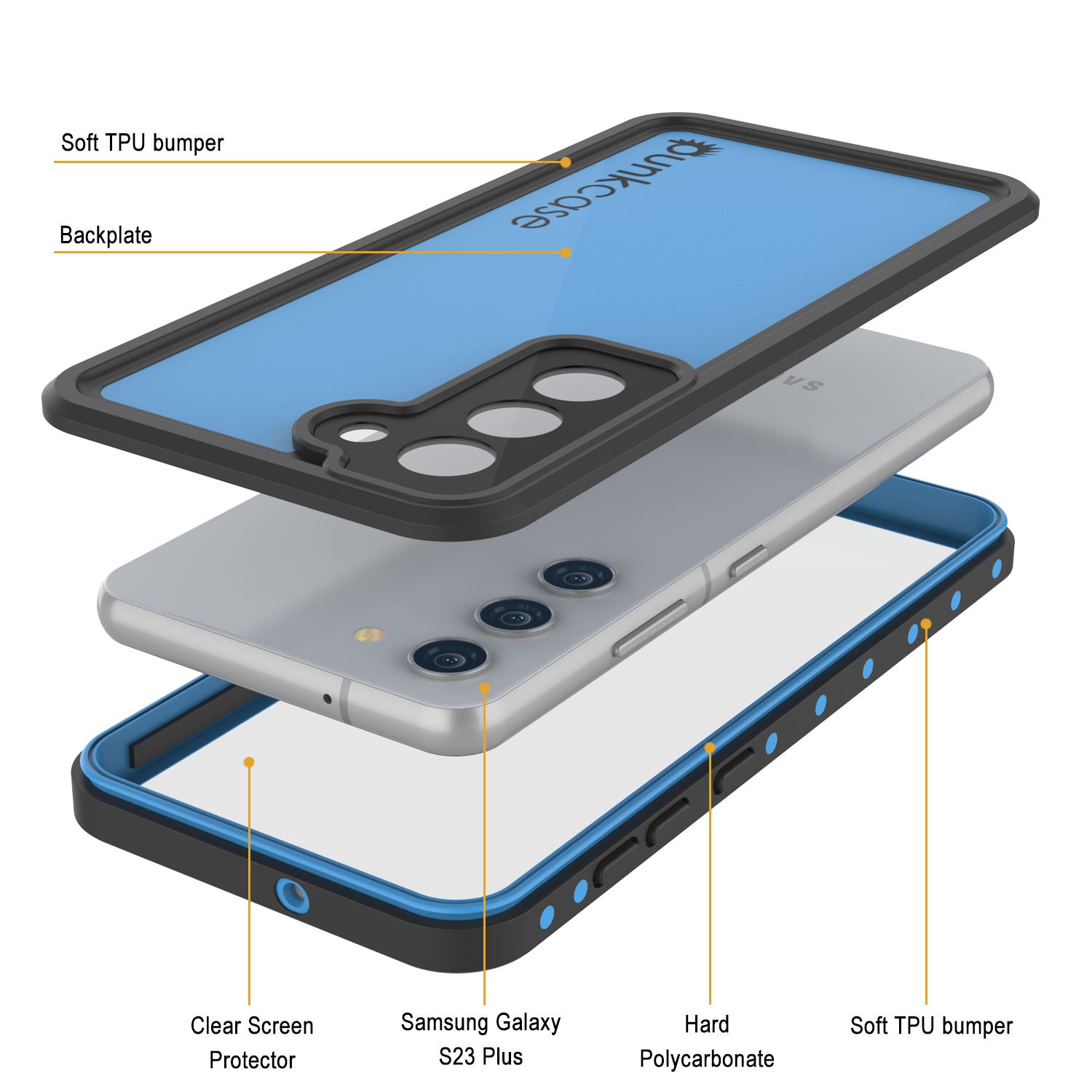 Capa à prova d'água Galaxy S23+ Plus PunkCase StudStar Light Blue Fina 6,6ft Subaquática IP68 à prova de choque