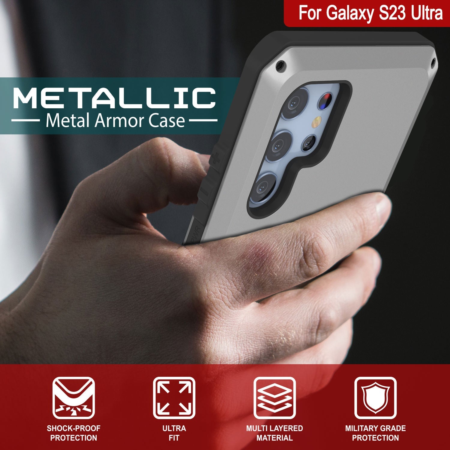 Capa de metal Galaxy S23 Ultra, Resistente Heavy Duty Militar Grade Armor Cobrir [à prova de choque] Corpo inteiro resistente [Prata]