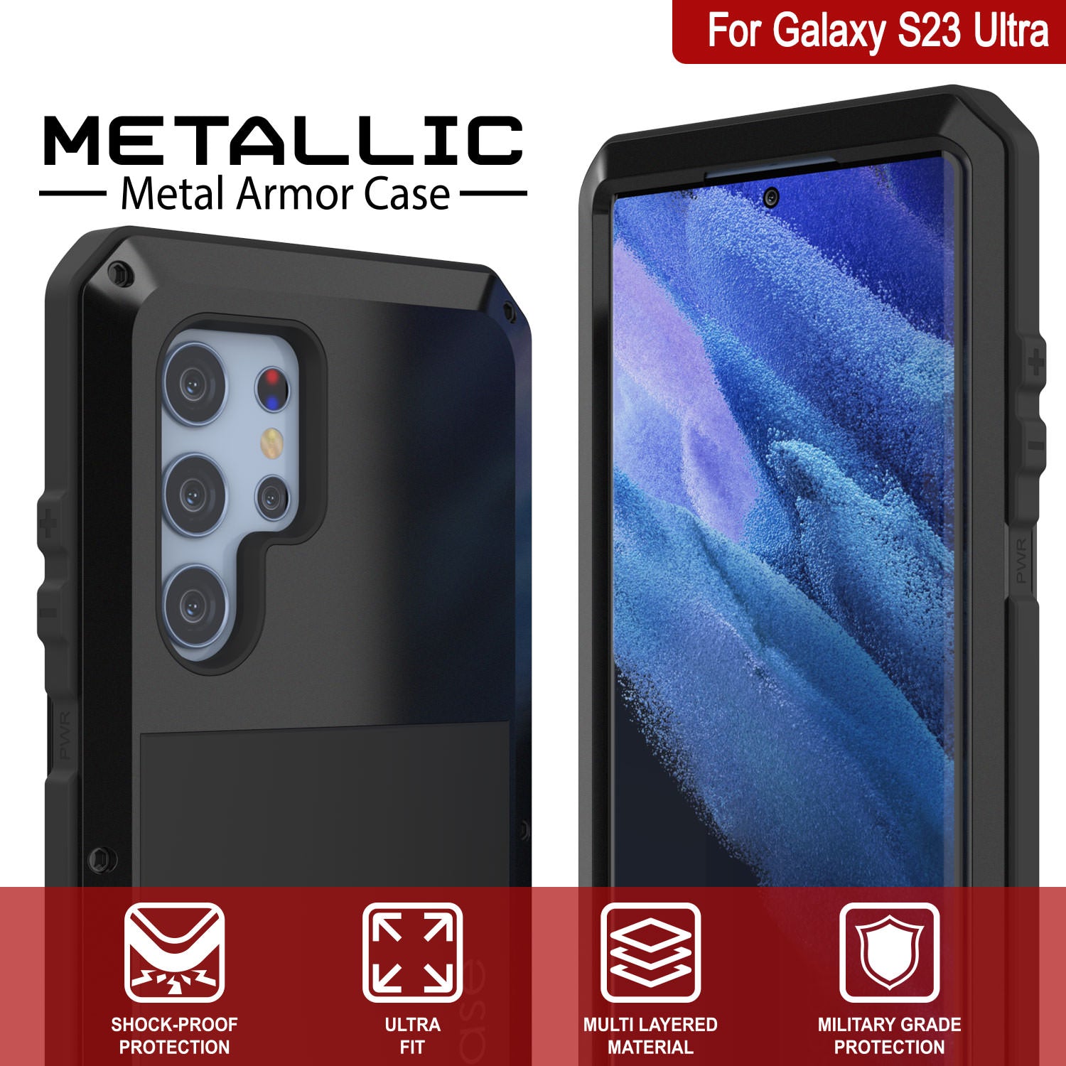 Capa de Metal para Galaxy S23 Ultra, Resistente e Militar de Alta Qualidade Armadura [à prova de choque] Corpo Inteiro Resistente [Preto]