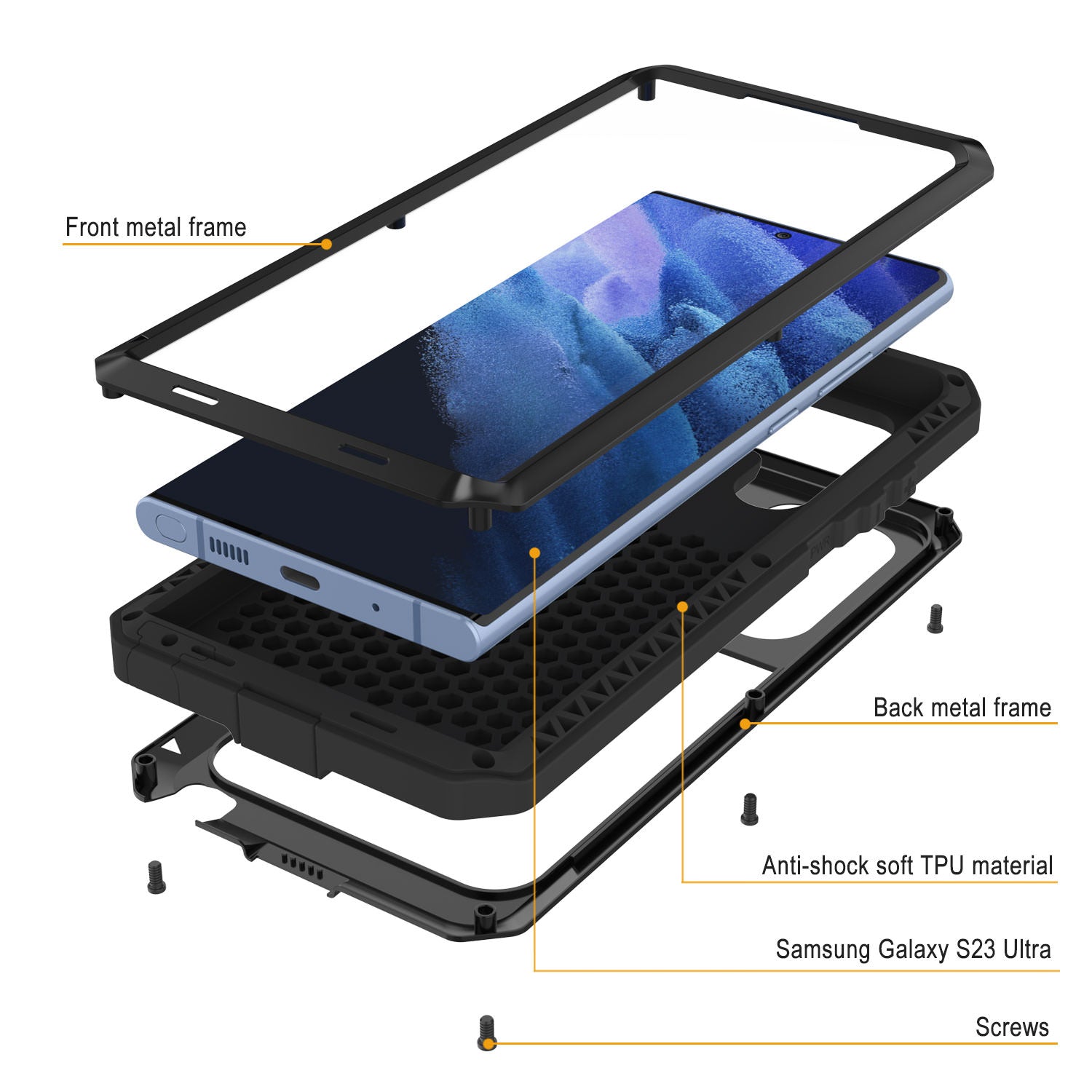 Capa de Metal para Galaxy S23 Ultra, Resistente e Militar de Alta Qualidade Armadura [à prova de choque] Corpo Inteiro Resistente [Preto]